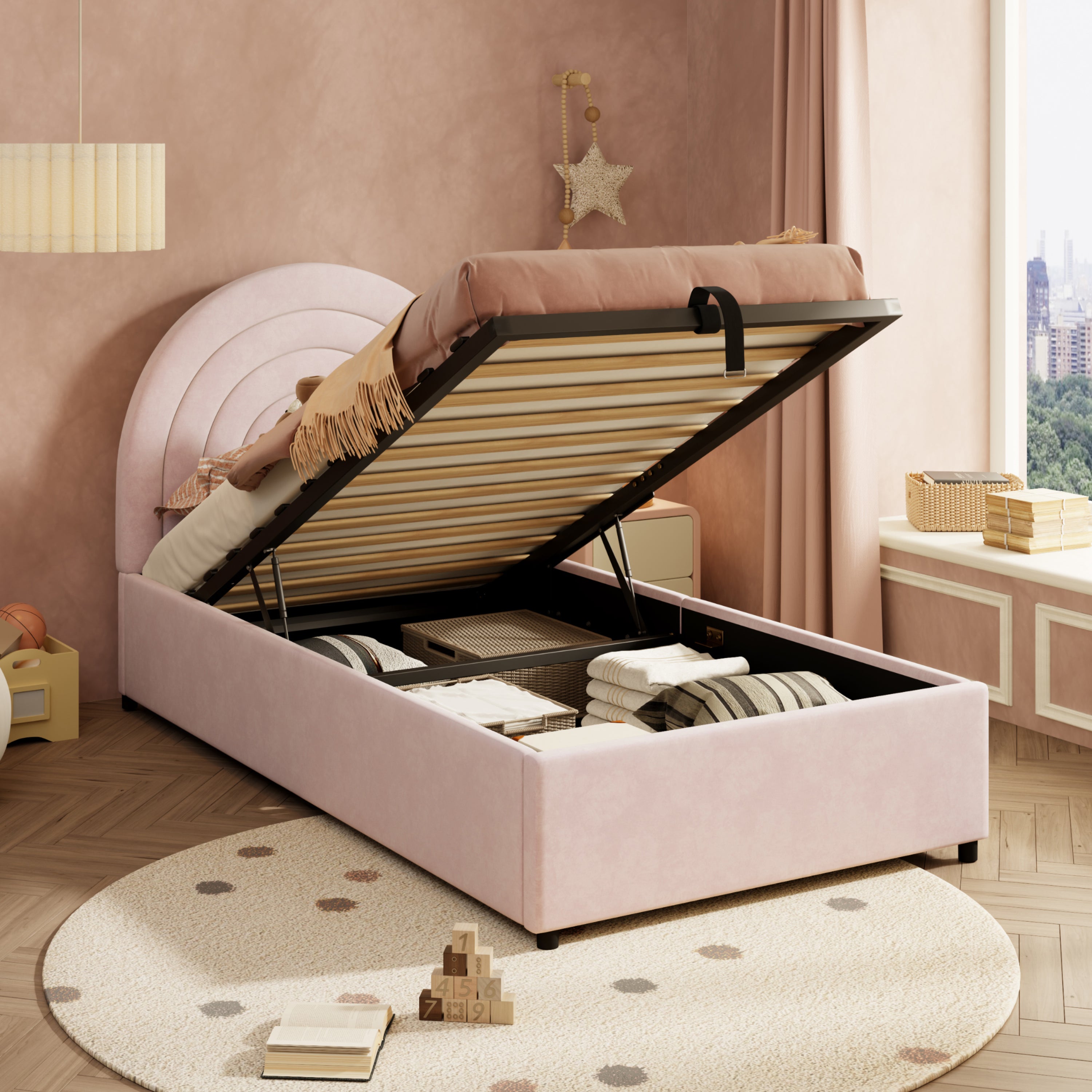 Upholstered Bed 3ft 90*190 Single Bed with Slatted Frame and Headboard, Velvet Pink