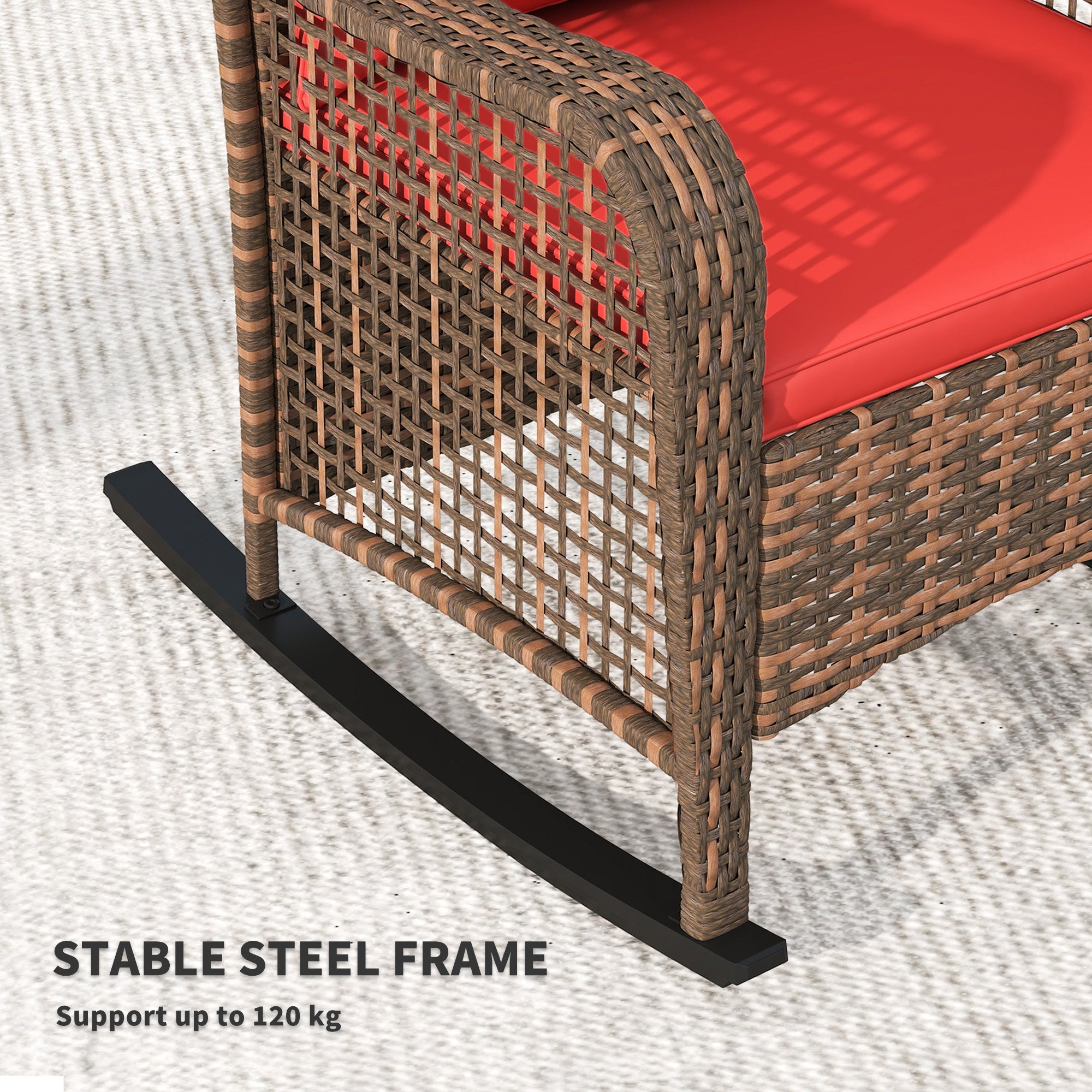 Rattan Rocking Chair Outdoor with Curved Base & Steel Frame, Red