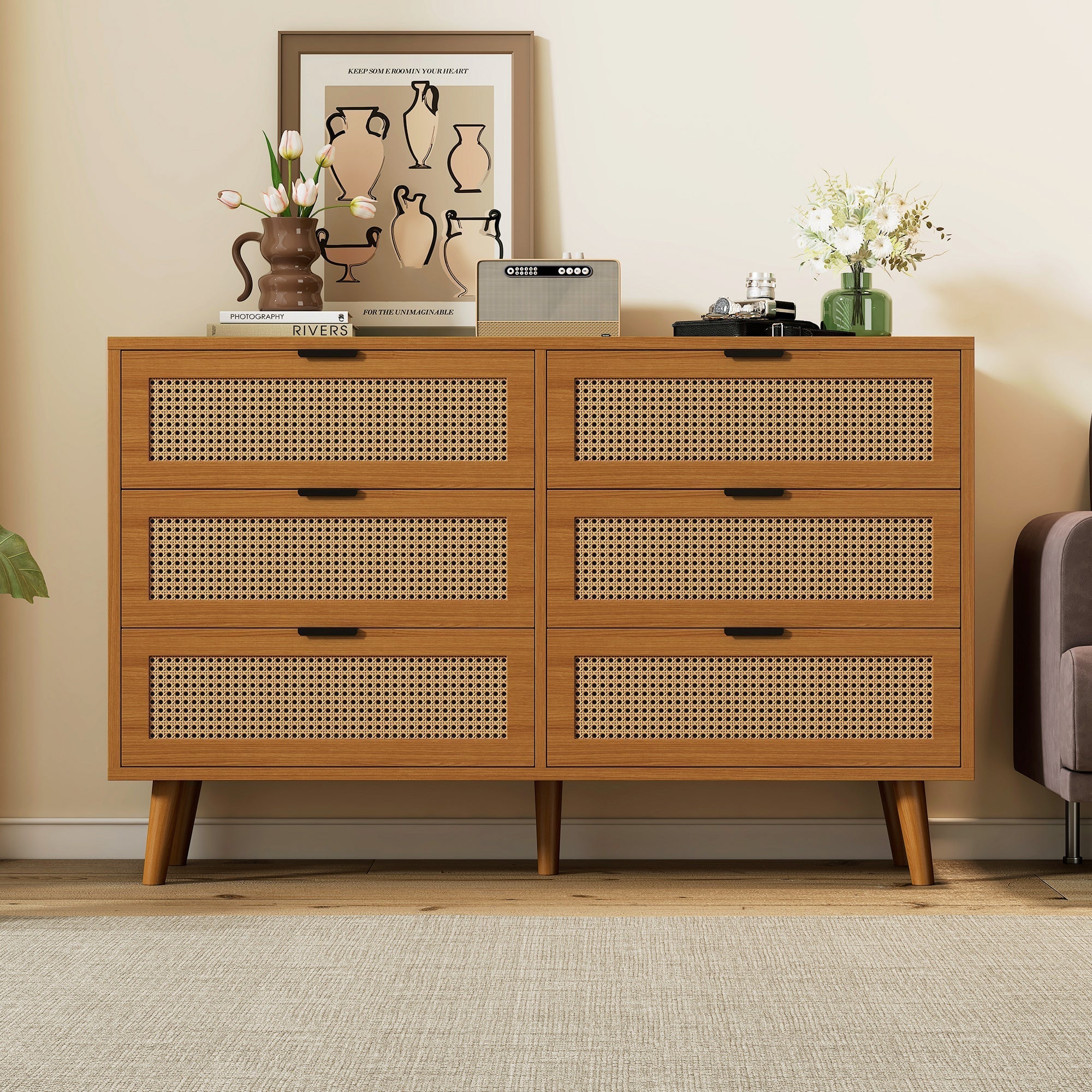 Chest of drawers 6 drawers with metal handles made of wood