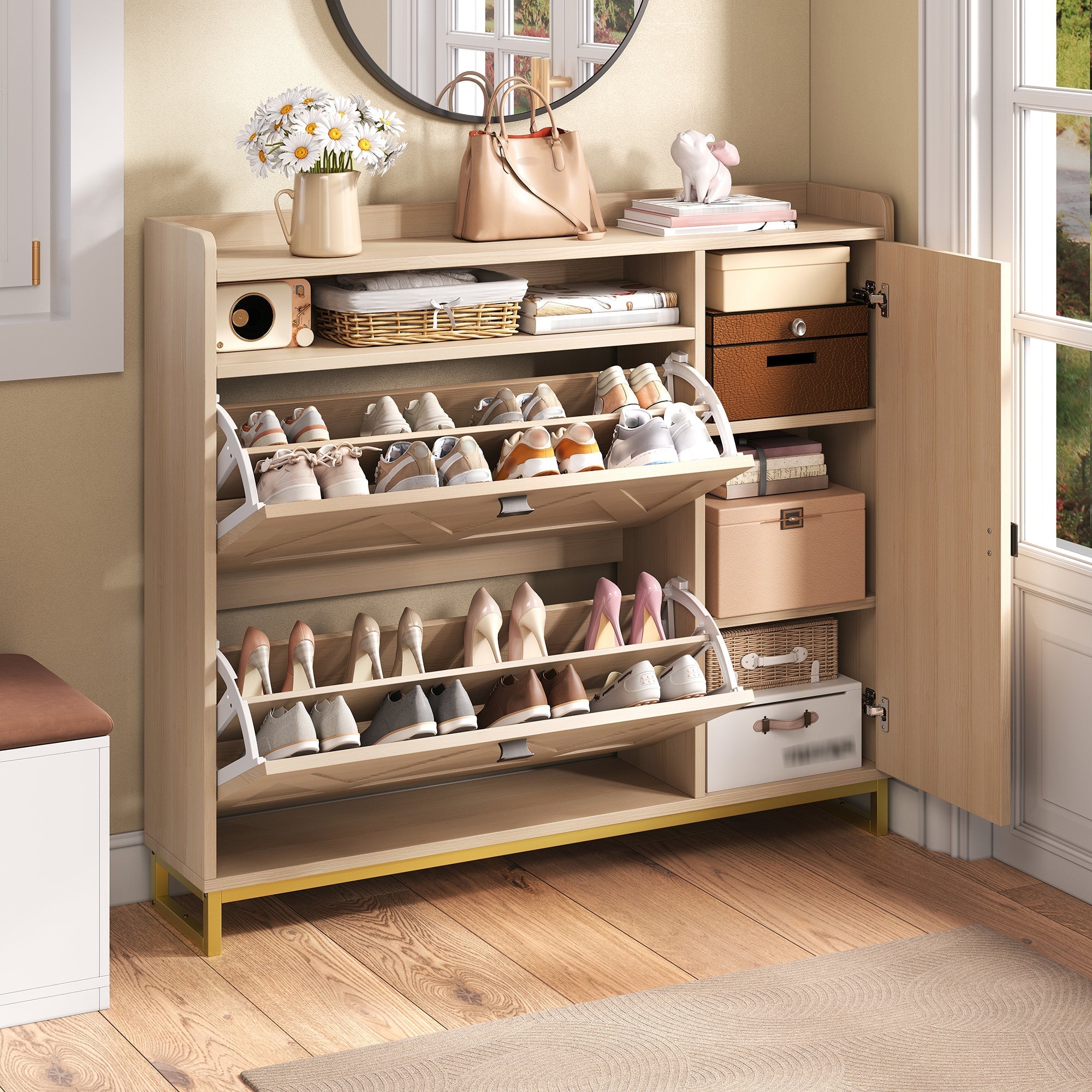 Shoe Cabinet with Double Hinged Lid, Side Cabinet and Geometric Doors, Metal Frame