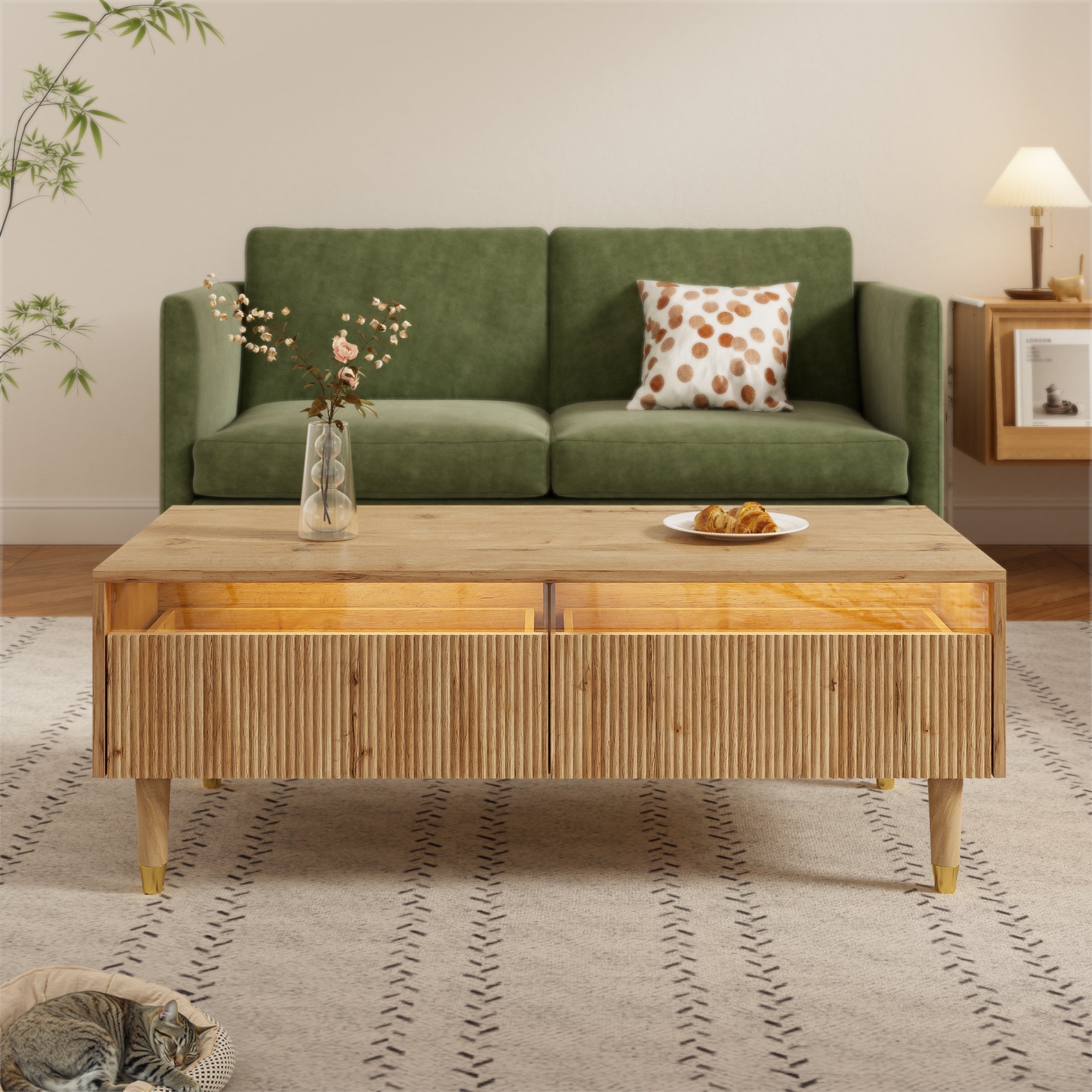 LED coffee table with wavy drawer top, two drawers, gold-wood