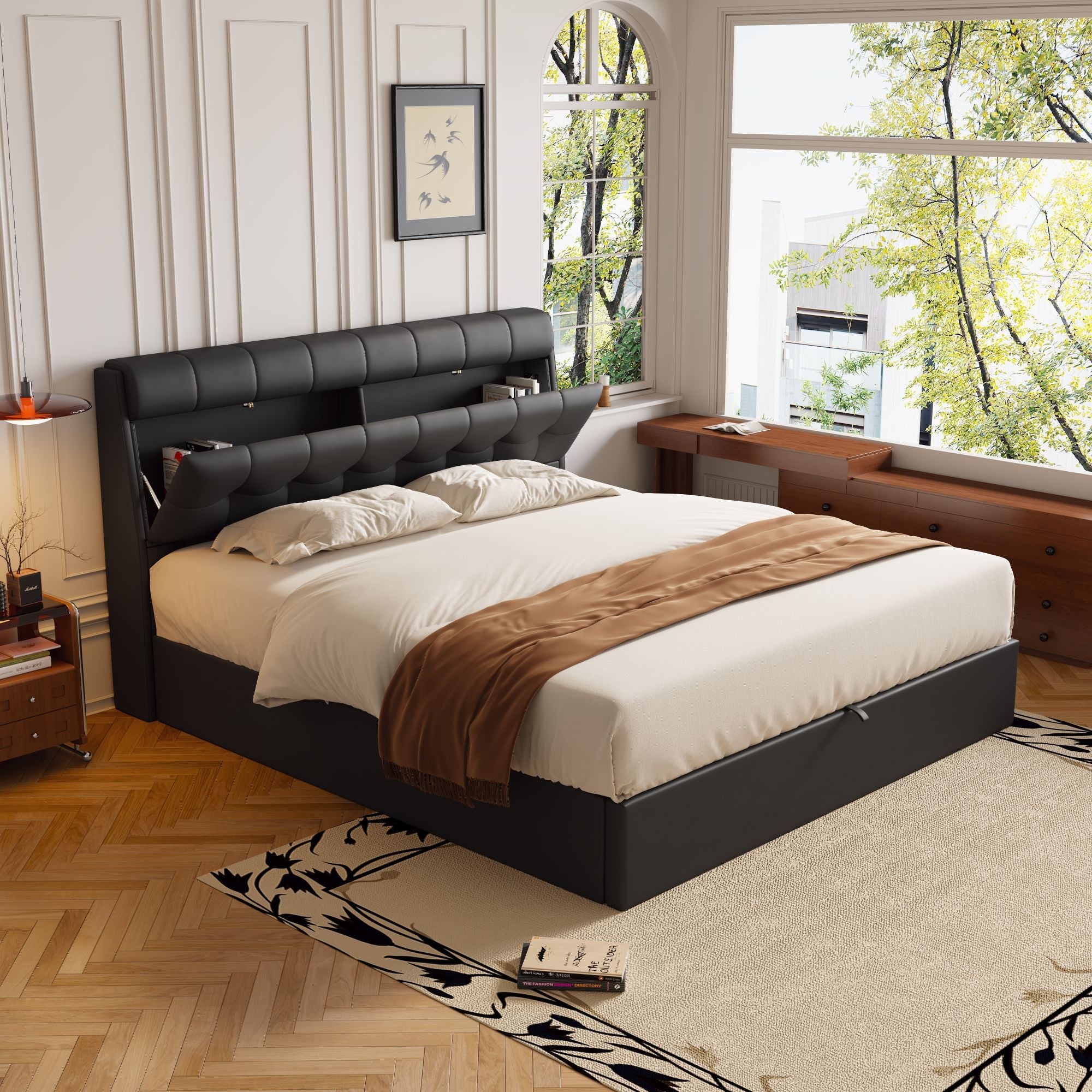 Upholstered Hydraulic Bed with Headboard and Ottoman Storage, 140x190cm, Black PU