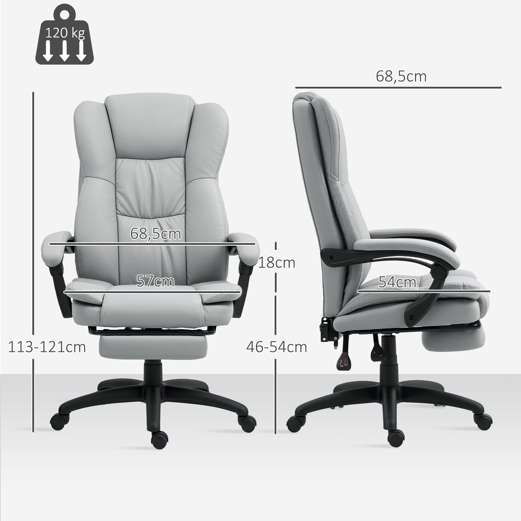 Vinsetto Office Chair, Massage, Reclining, Height-Adjustable, Swivel, Footrest, Faux Leather, Light Grey