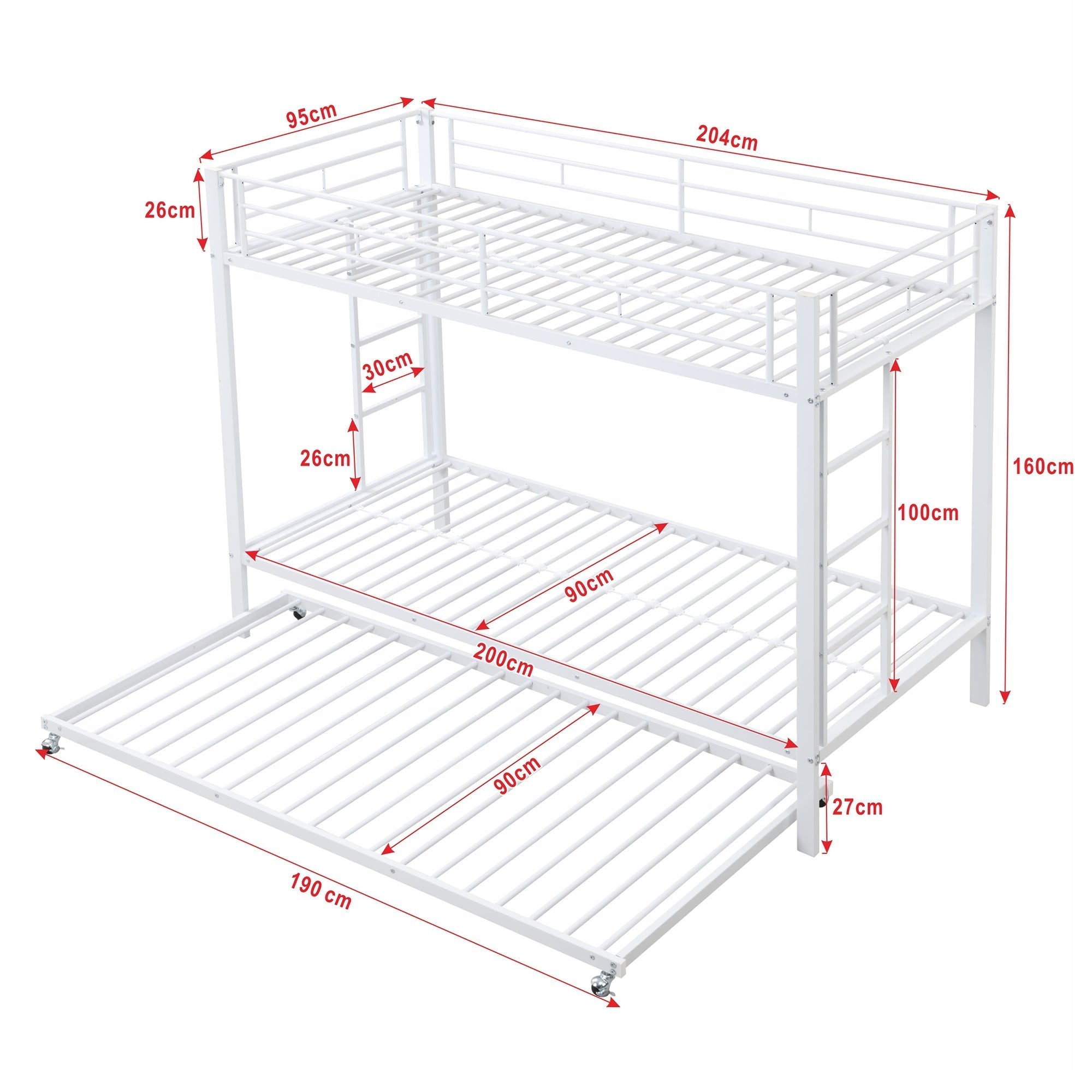 Bunk Bed 90x200cm Pull-out Bed High Railings - White