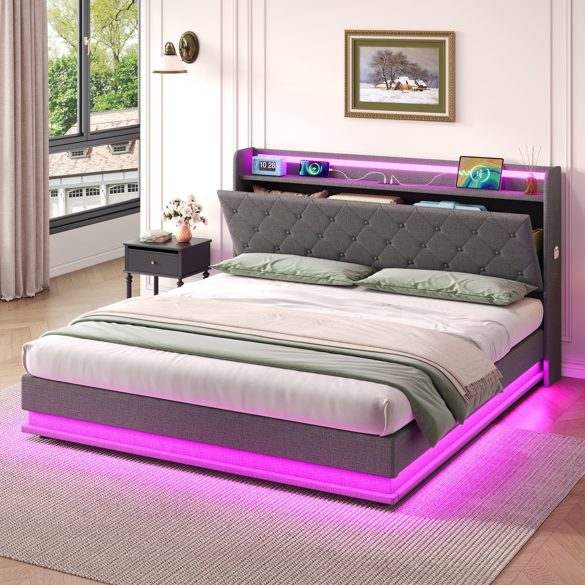 5ft King Upholstered Bed Frame with Hydraulic Storage, LED Button Tufted Headboard, USB and Type-C Ports, Linen, Grey