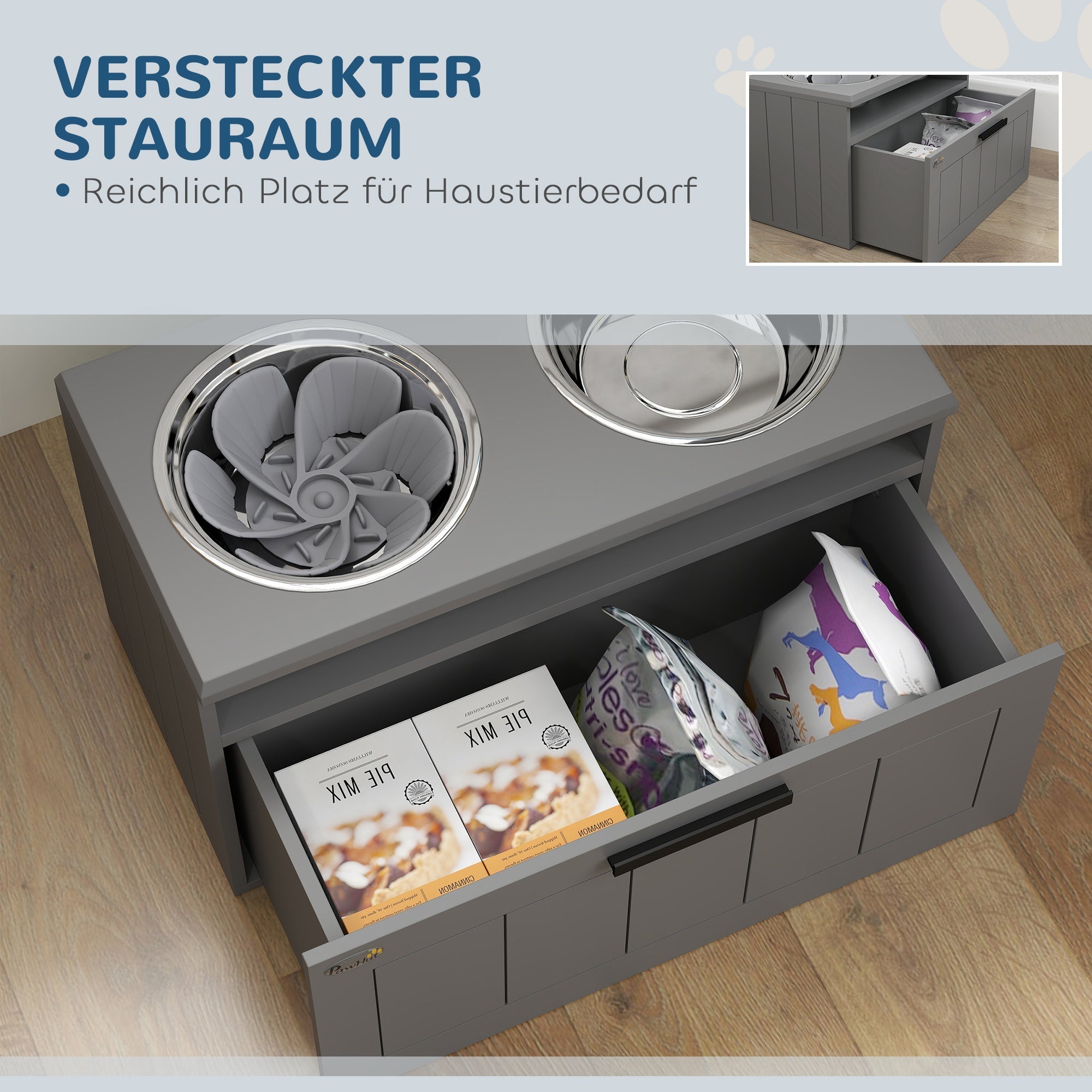 Hundenäpfe, erhöhte Futterstation mit 2 Edelstahlnäpfen, Grau