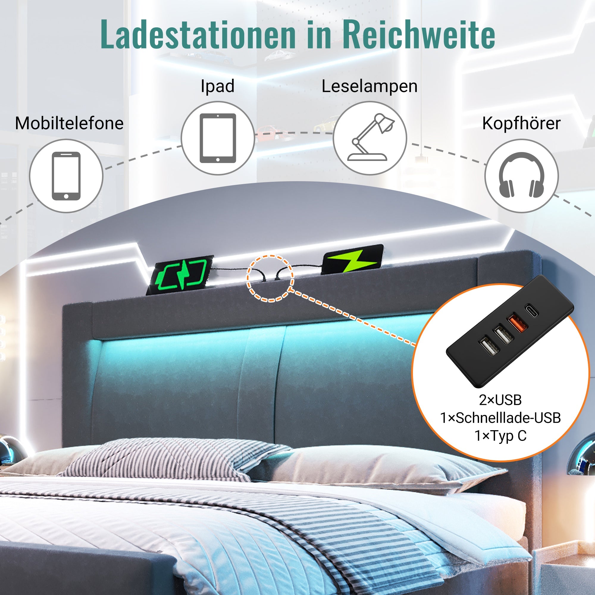 Double Bed 140x200 cm with Hydraulic Storage, LED, USB and Type-C, Grey Velvet
