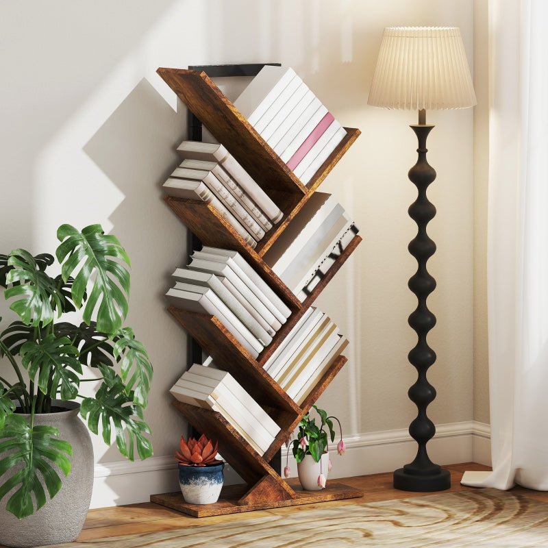 Bookshelf Standing Shelf 7 Levels Narrow Tree Shape Office Rustic Brown