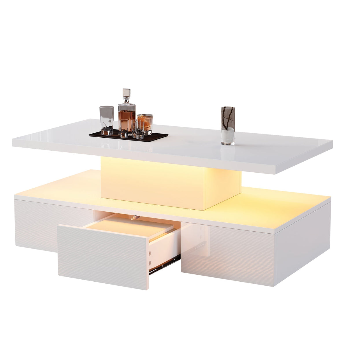 Coffee Table Two-Tier LED Light Storage Drawer High-Gloss White