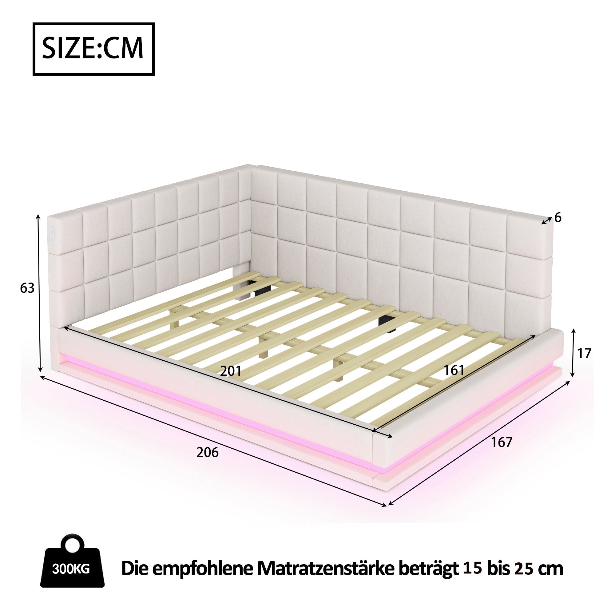 Upholstered Sofa Bed 160x200cm Multifunctional LED USB Slatted Frame - Velvet Beige