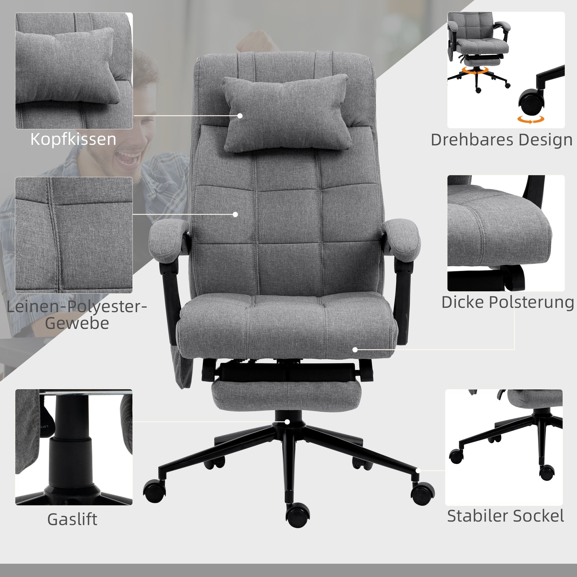 Office Chair, Ergonomic Massage Lumbar Heating Footrest Headrest Adjustable, Polyester Grey