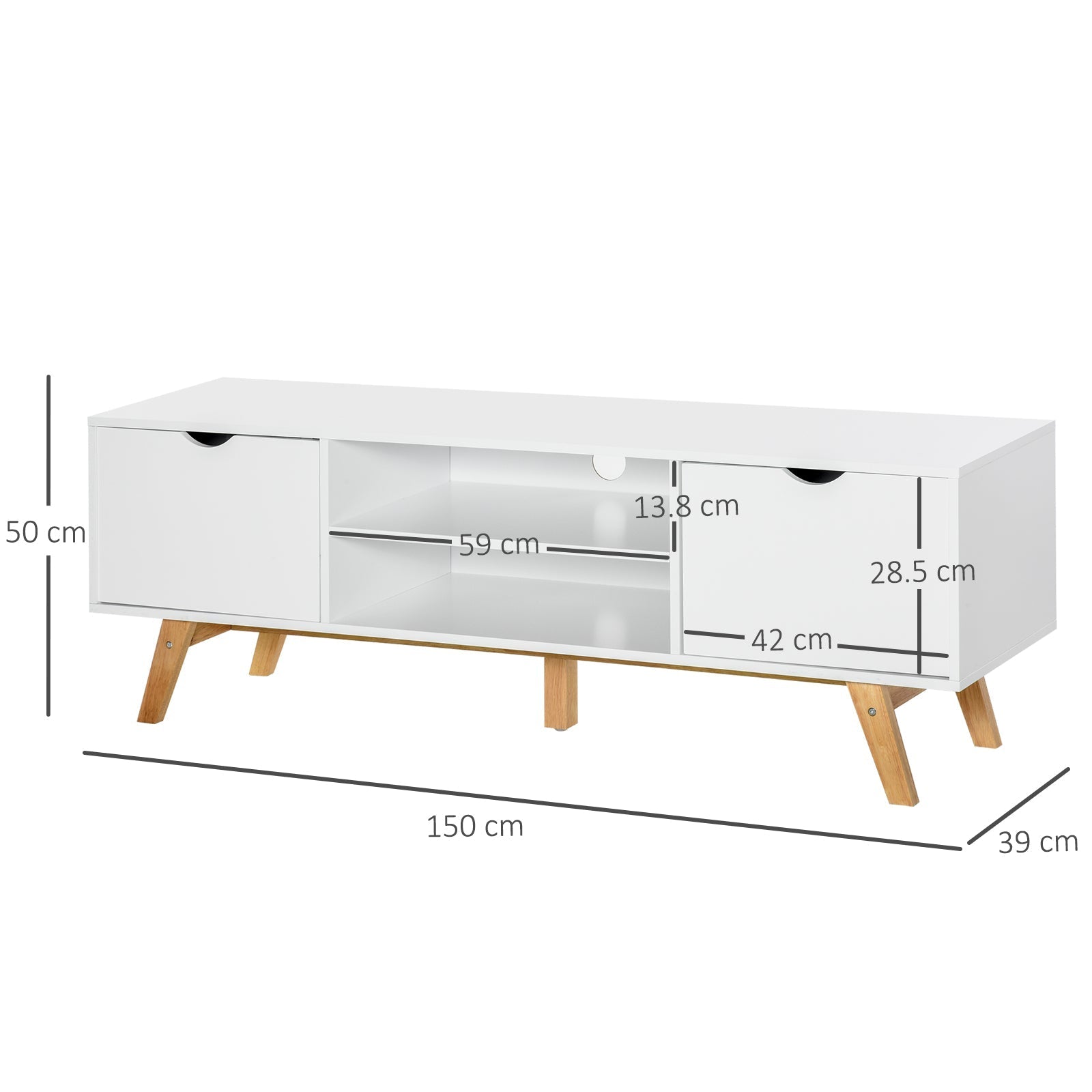 TV Stand Cabinet for TVs up to 65" with Storage & Wood Legs, White