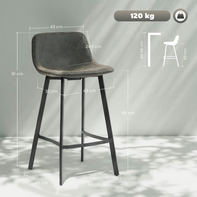 Bar Stools Set of 2, Dining Stools with Backrest and Footrest, PU Leather Grey