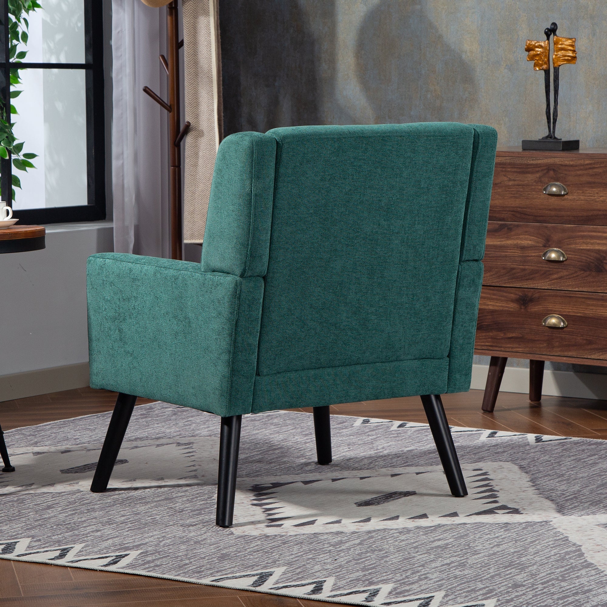 Upholstered Armchair with Buttoned Padding and Solid Wood Legs, Suede Black