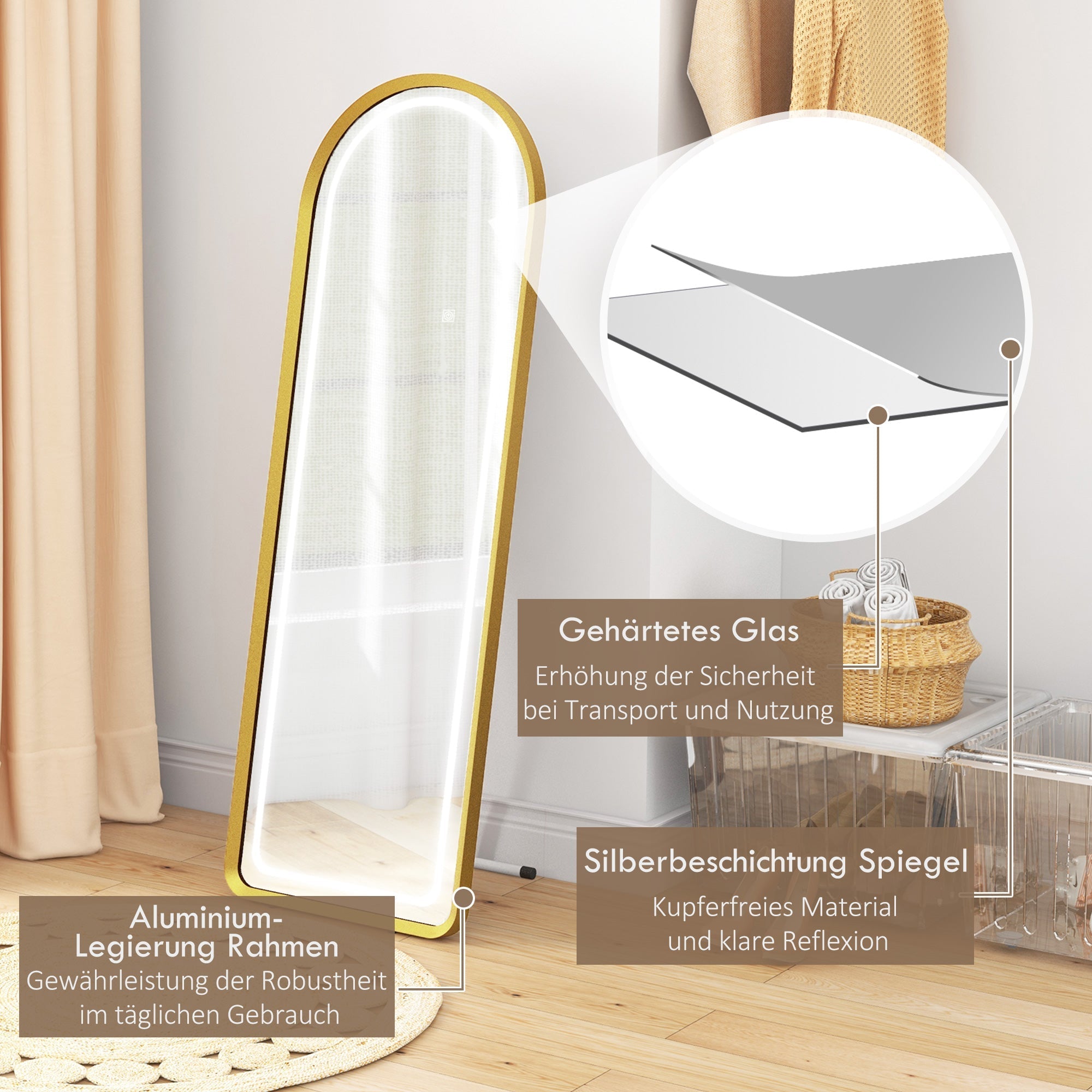 Ganzkörperspiegel, dimmbare LED, Wand- & Standspiegel, Touch-Schalter, Gold