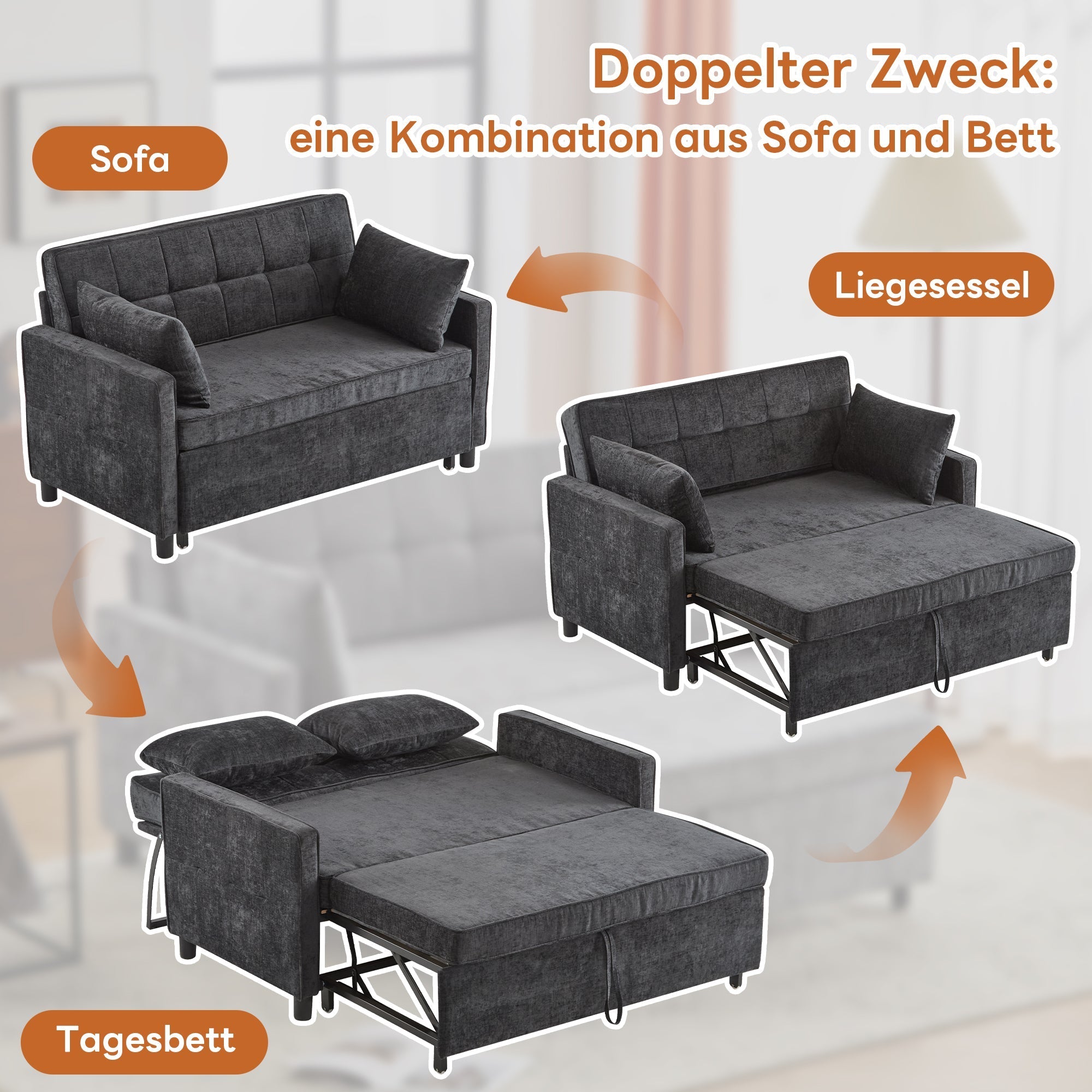Sofa Bed Two-Seater Sleeper, Adjustable Backrest High-Density Foam, Chenille Fabric
