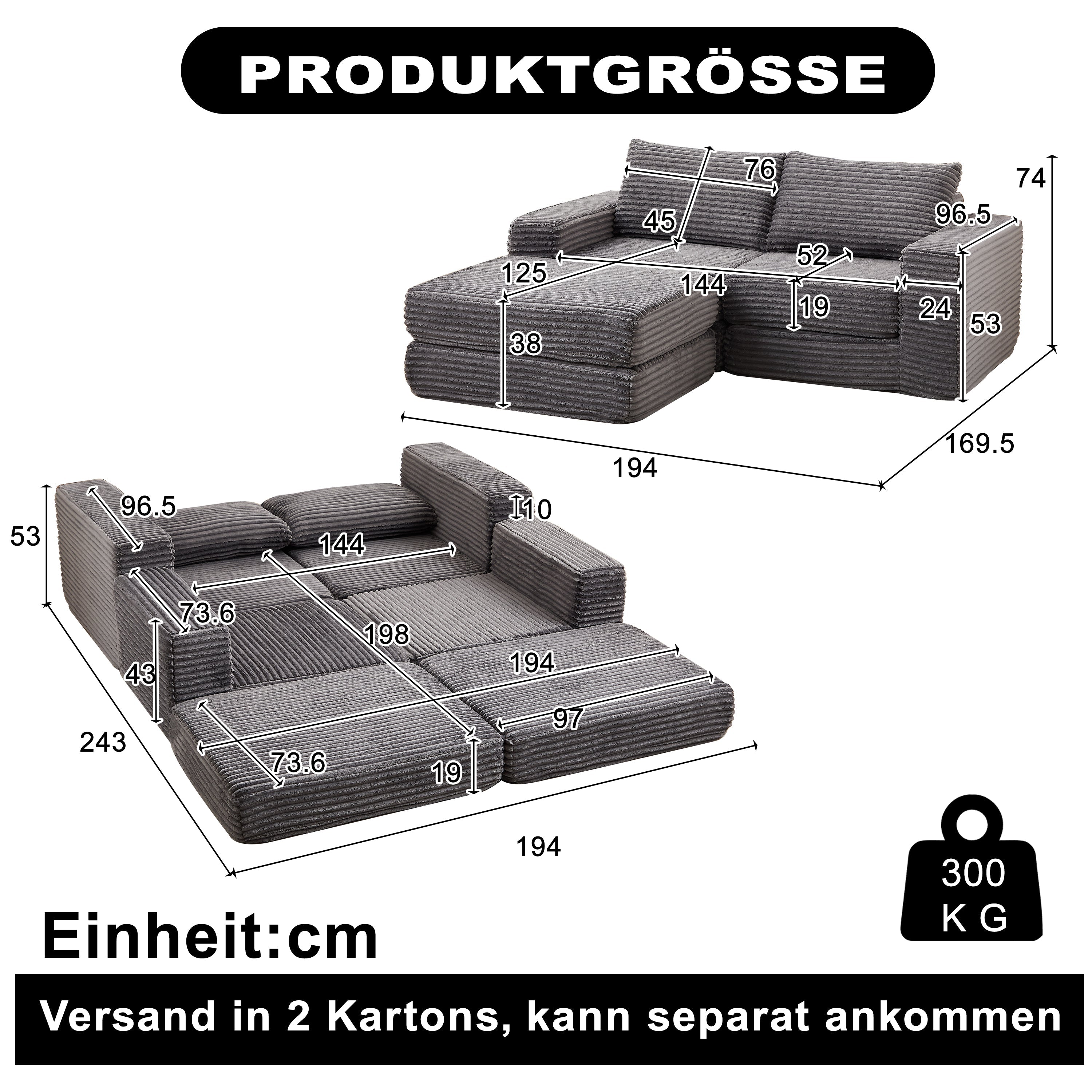 Sofa Bed 2-in-1 Modular with Removable Footstool Corduroy