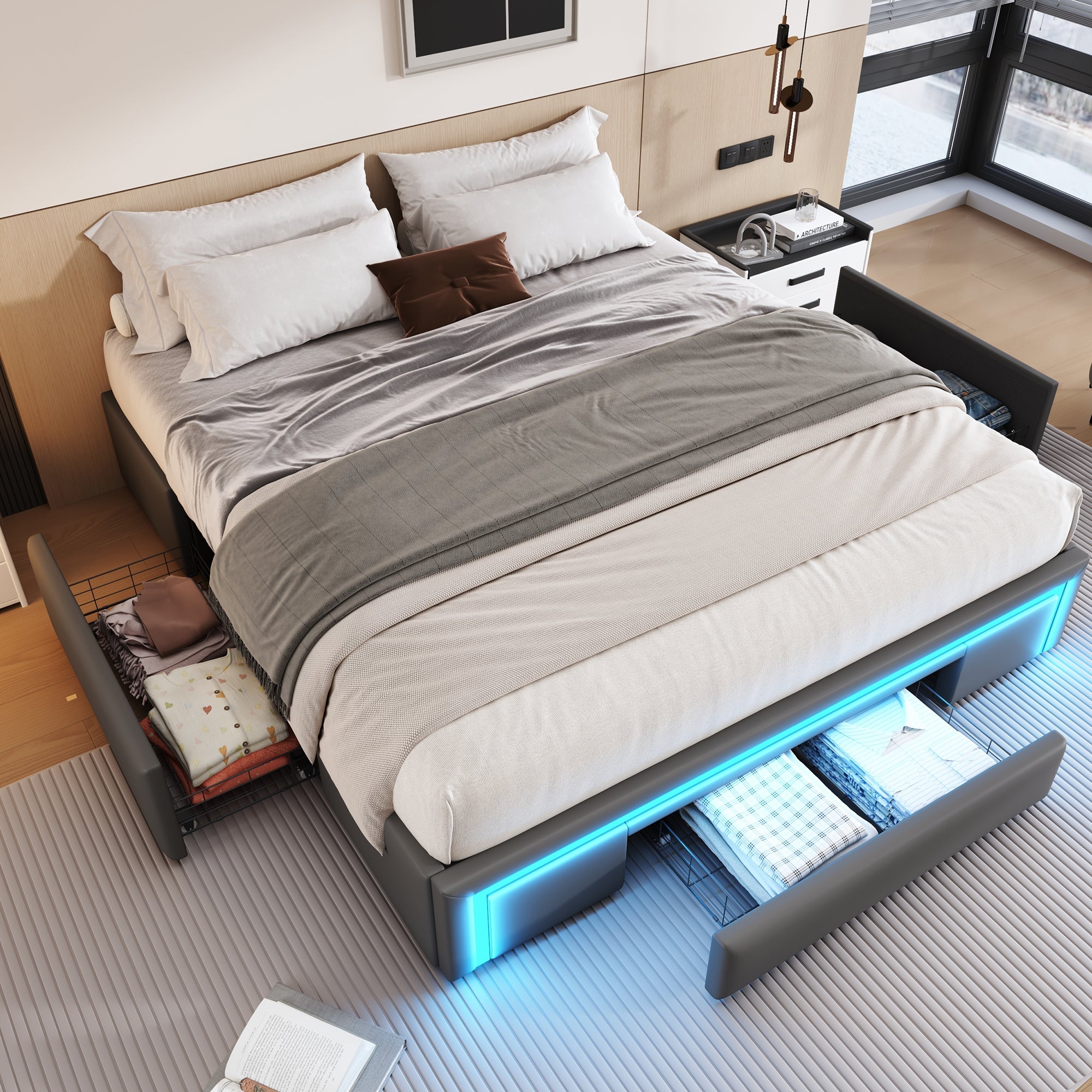 Bed Frame 160x200 with Drawers, LED Light Bar, Metal Slatted Platform, PU Leather Gray
