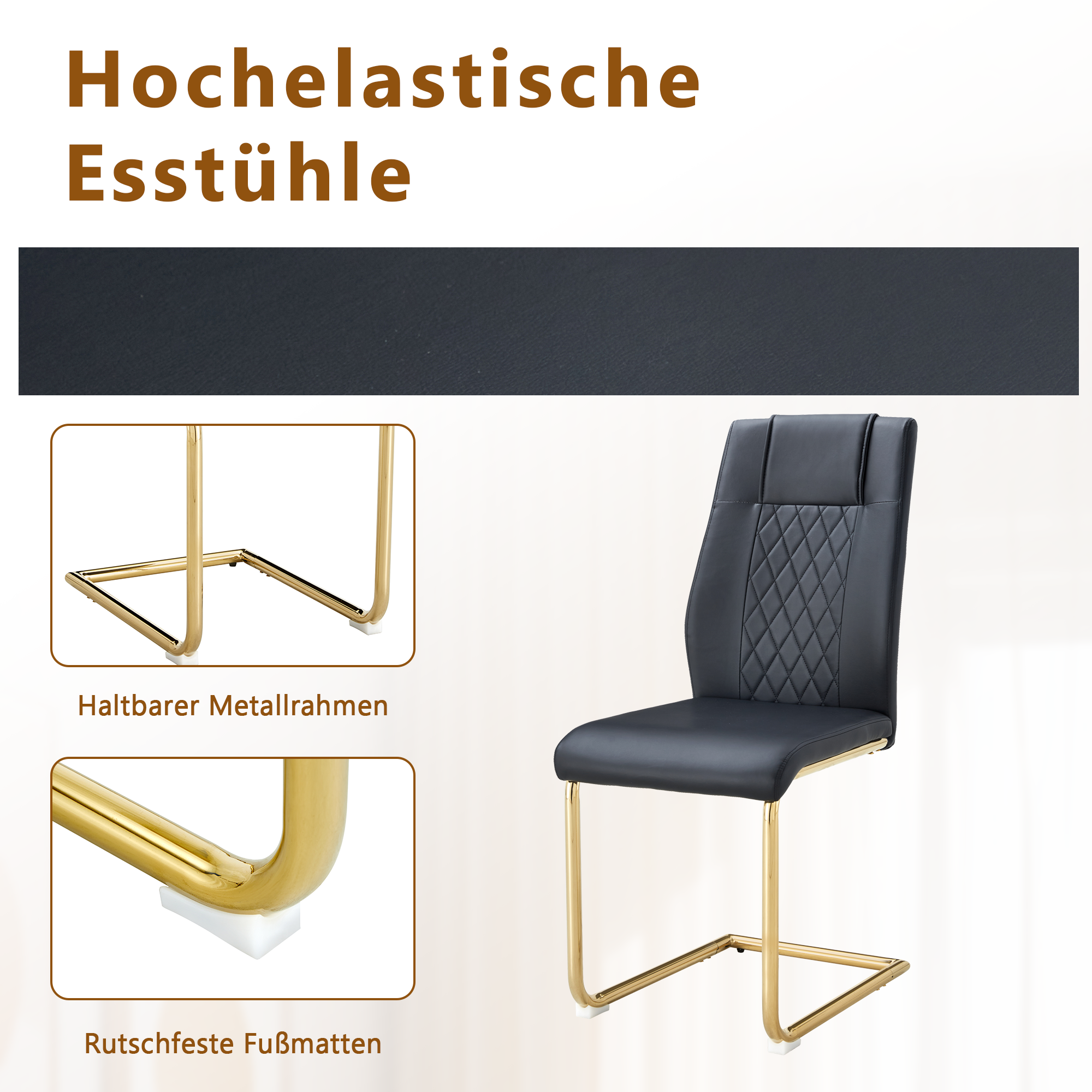 Dining Table Set Minimalist Glass 85cm 4 Chairs Gold Legs - Black PU