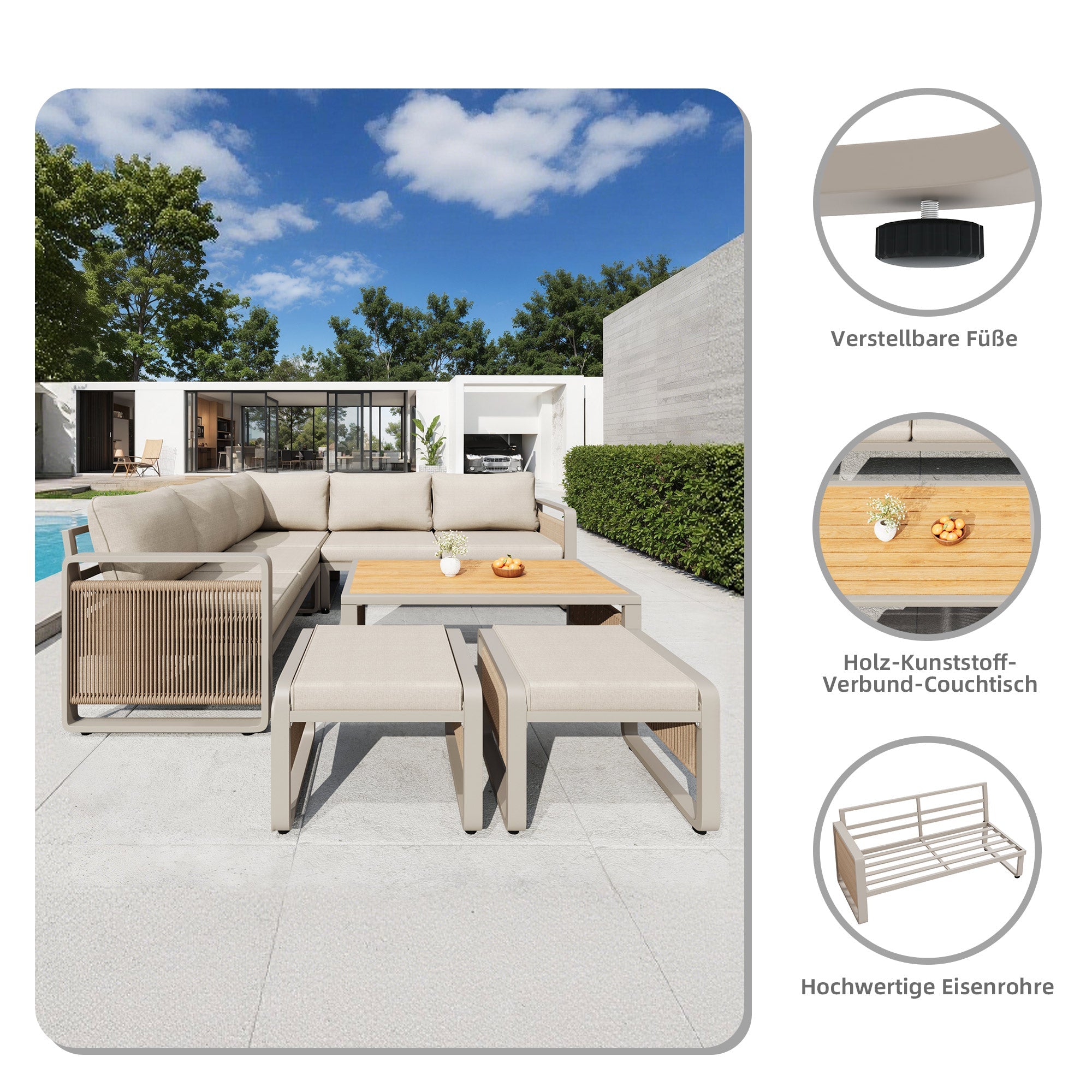 Garden Lounge Chair Set for 6-7 People, Weatherproof Corner Sofa and Lounger, Handwoven Rope and Iron, Beige