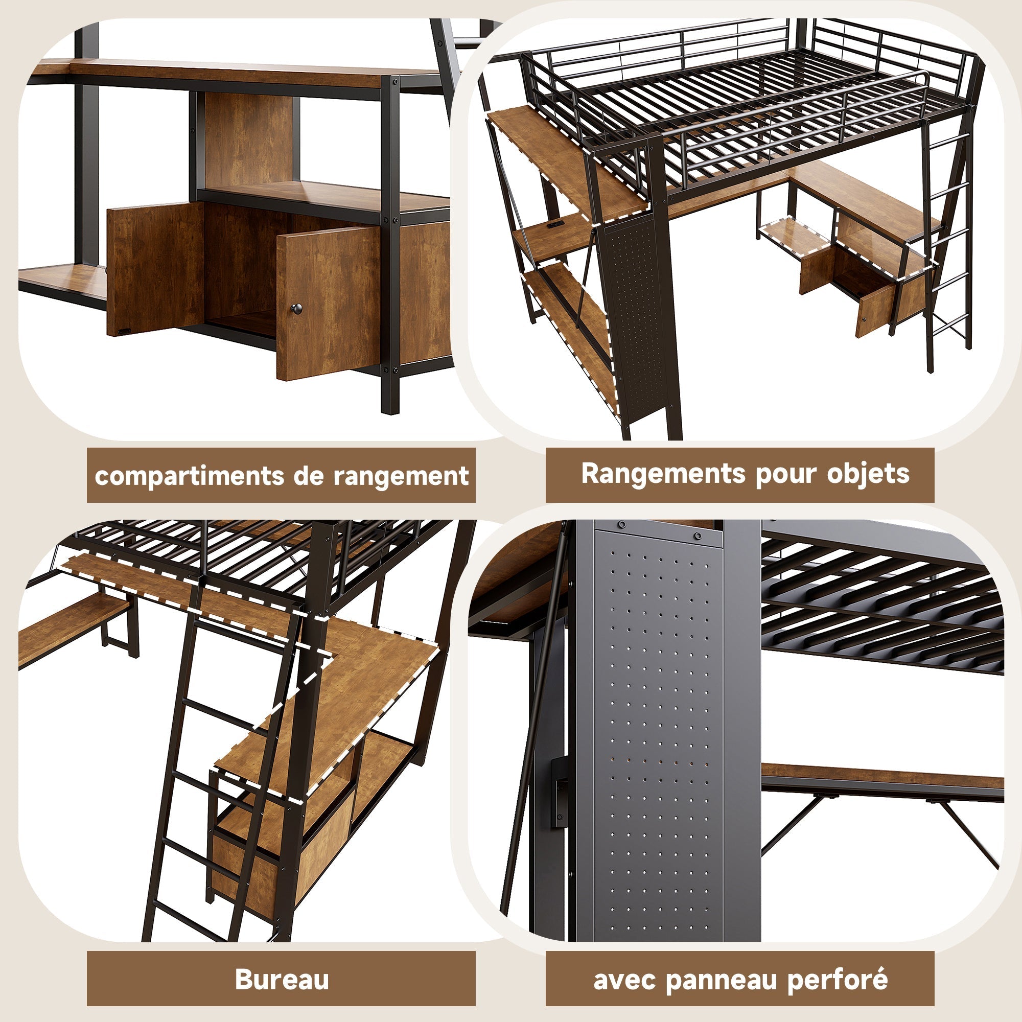 Loft Bed 140x200cm Iron Frame with Desk LED Light Strip USB Port Black