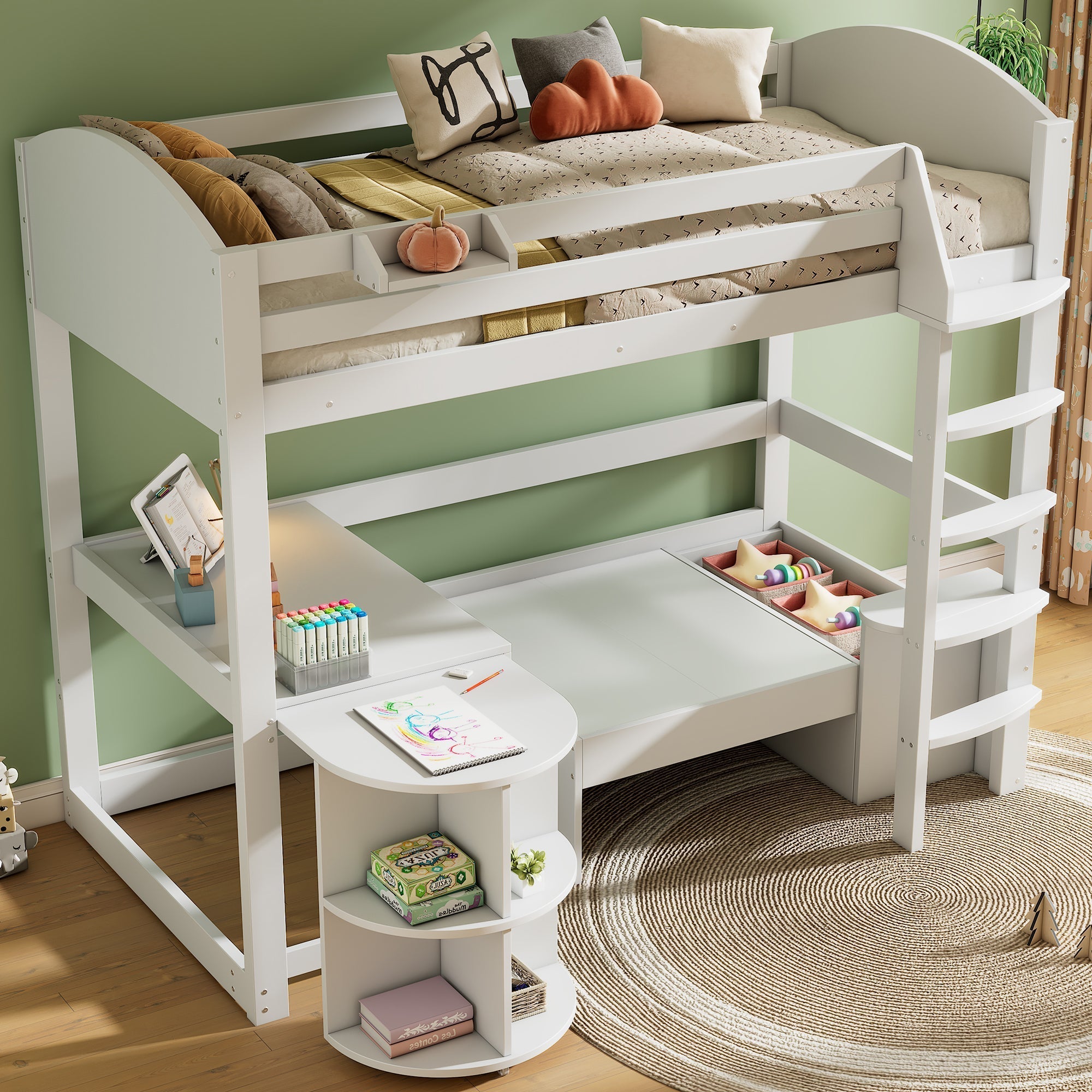 Multifunctional Children's Bunk Bed with Pull-out Table, Sofa with Storage and Three Cushions, 90x200cm, White Solid Wood
