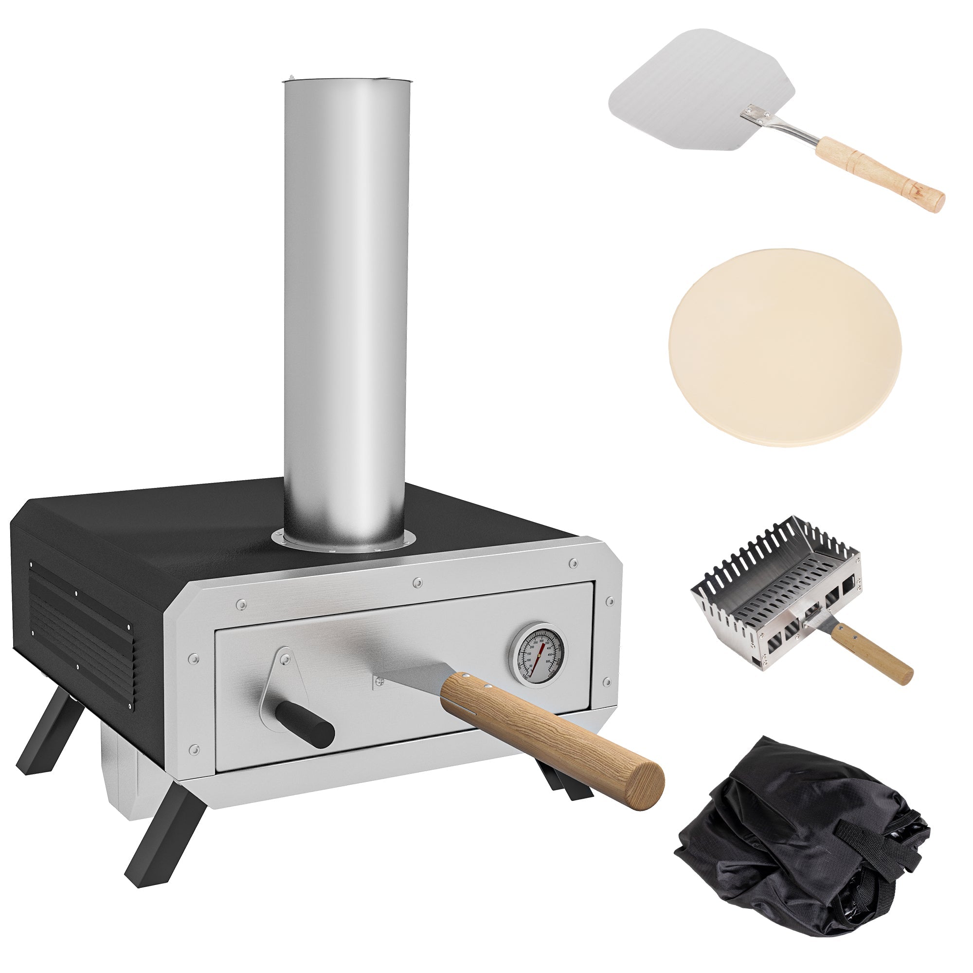 Portable Wood Pellet Pizza Oven, 12"/30cm Rotating Stone, Peel, Cover, Thermometer, Wood Fired