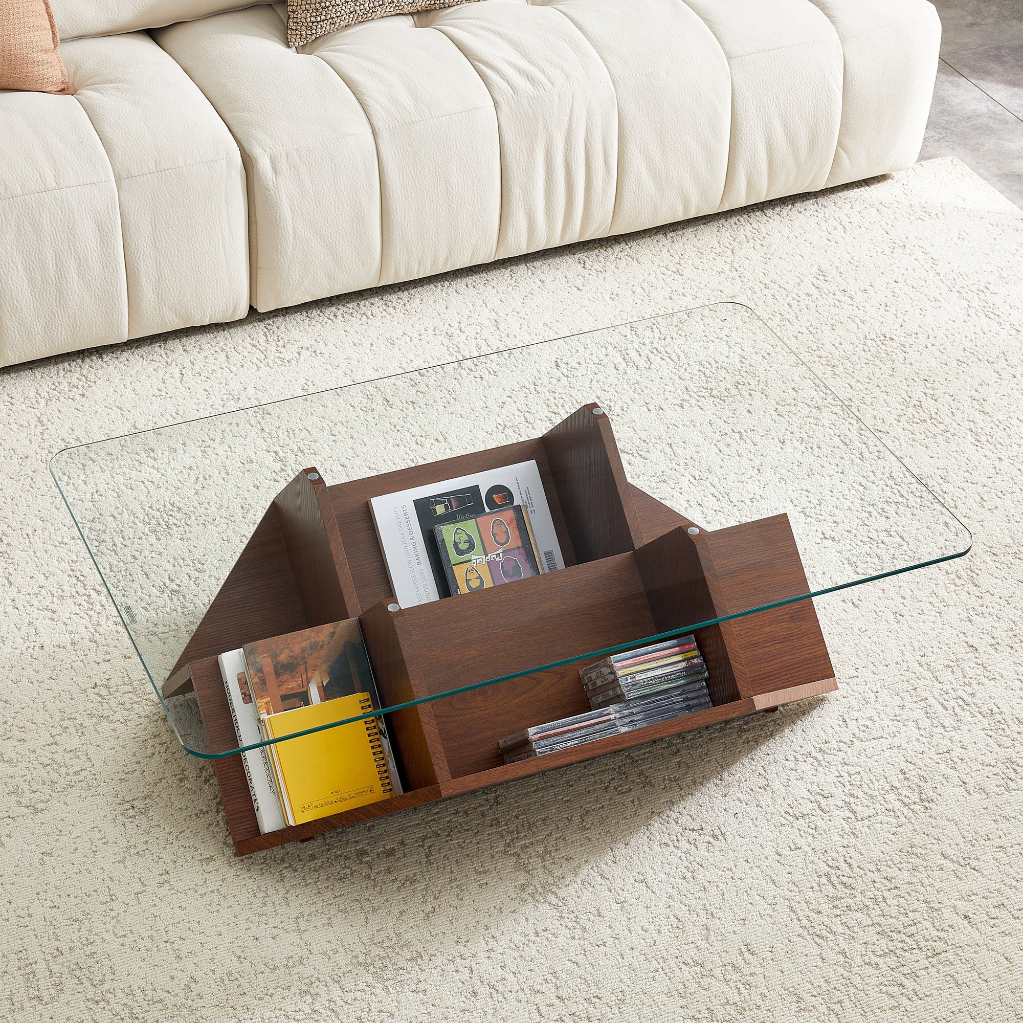 Multi-Storage Coffee Table with Tempered Glass and Spacious Compartments, Walnut Finish MDF