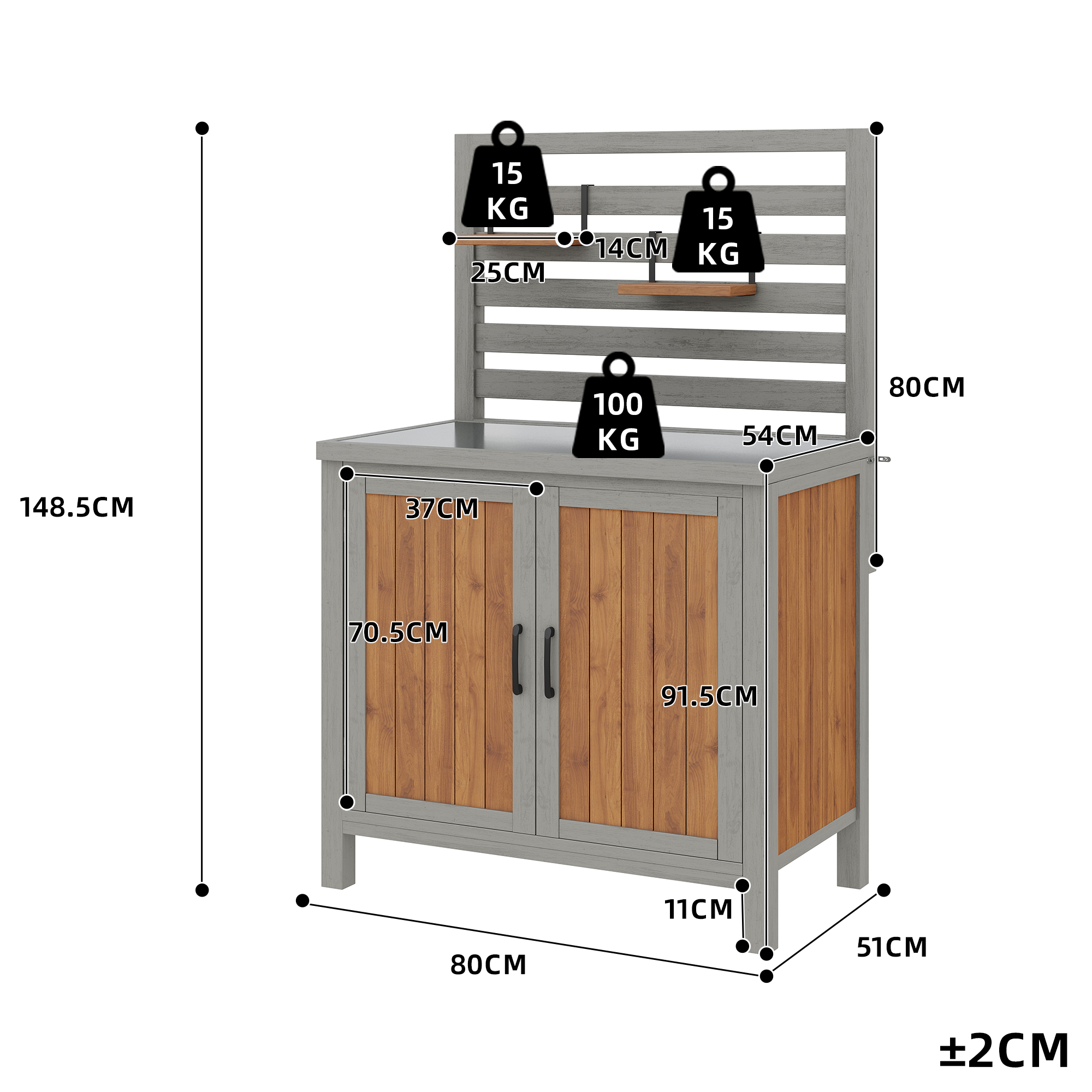 Weatherproof Garden Cabinet with Stainless Steel Worktop and Adjustable Shelves, Wooden