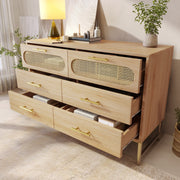 Rattan Sideboard Storage Cabinet with 6 Drawers & Metal Handles, Oak