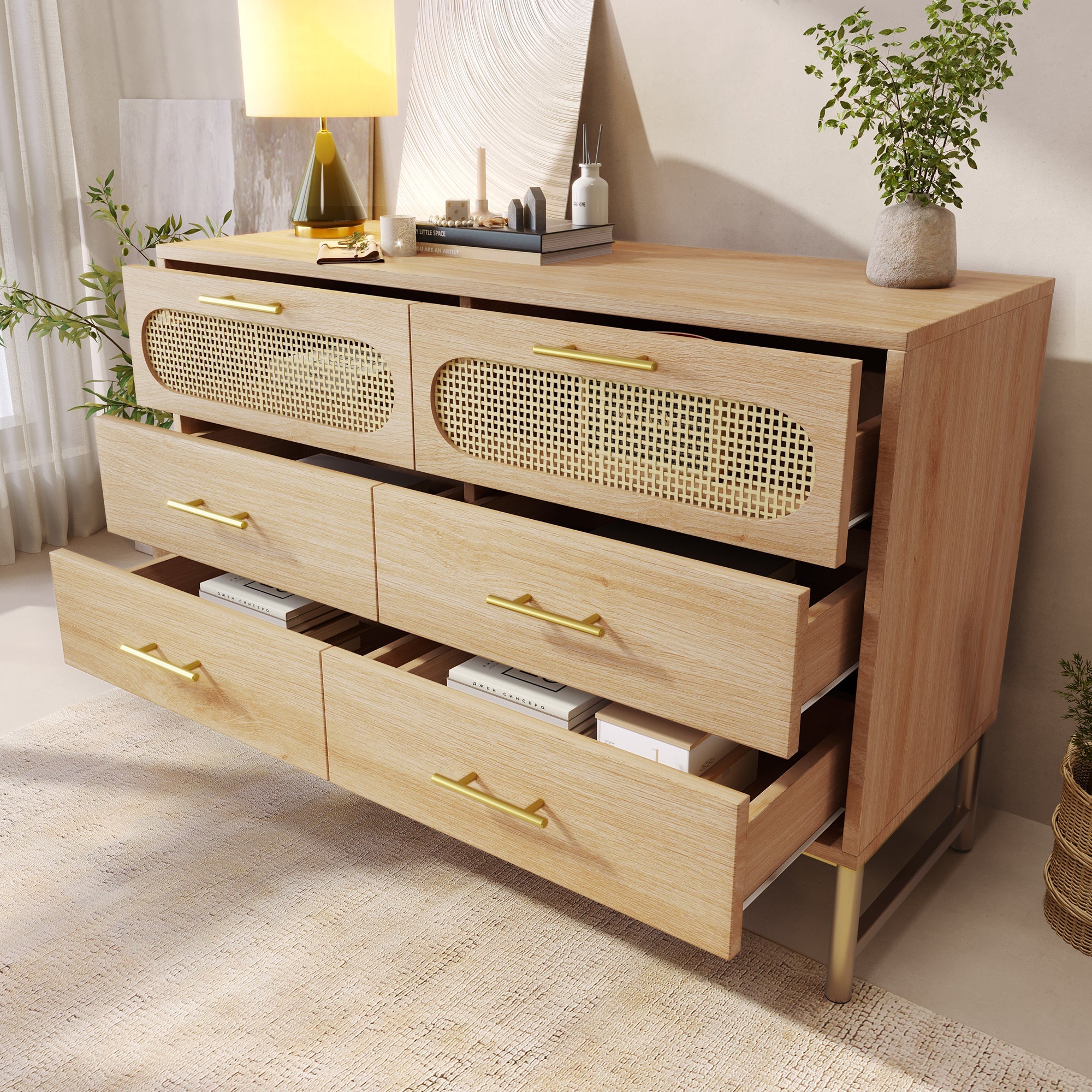 Rattan Sideboard Storage Cabinet with 6 Drawers & Metal Handles, Oak