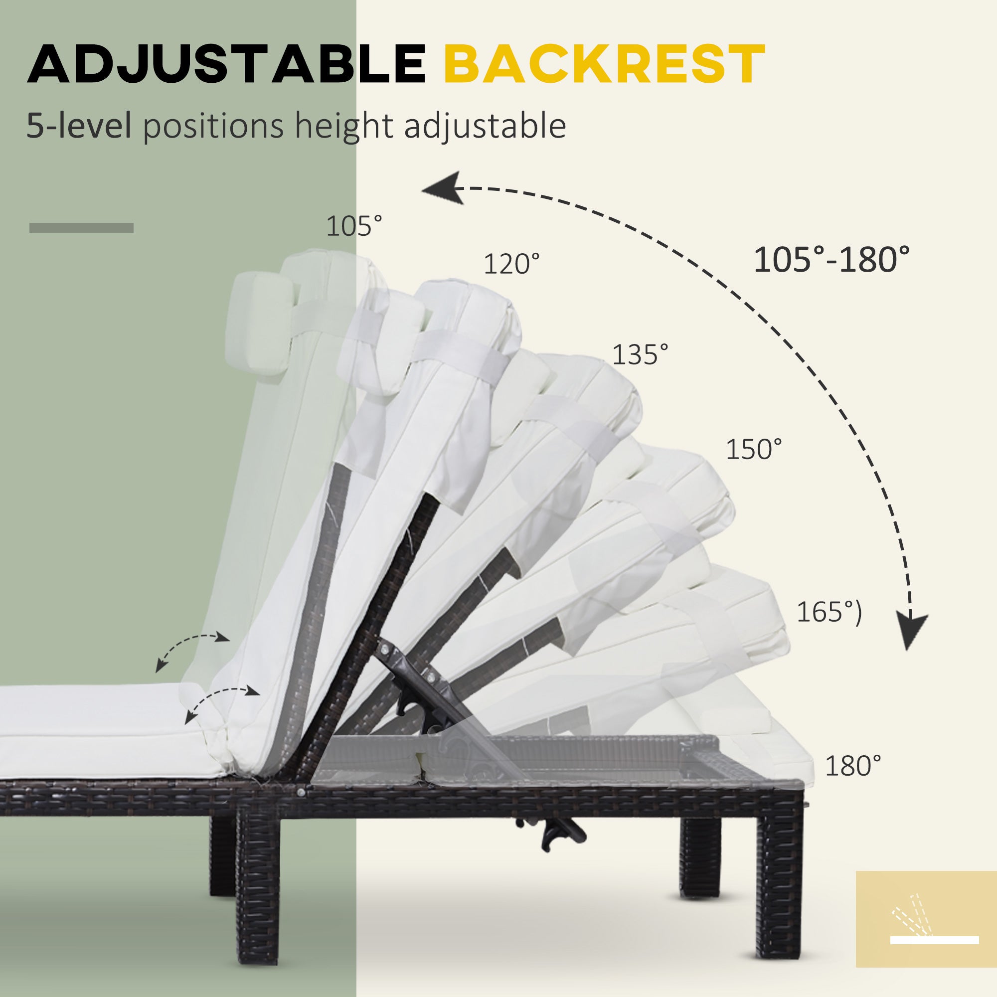 Rattan Sun Lounger 5-Level Adjustable Recliner with Cushion, Cream White