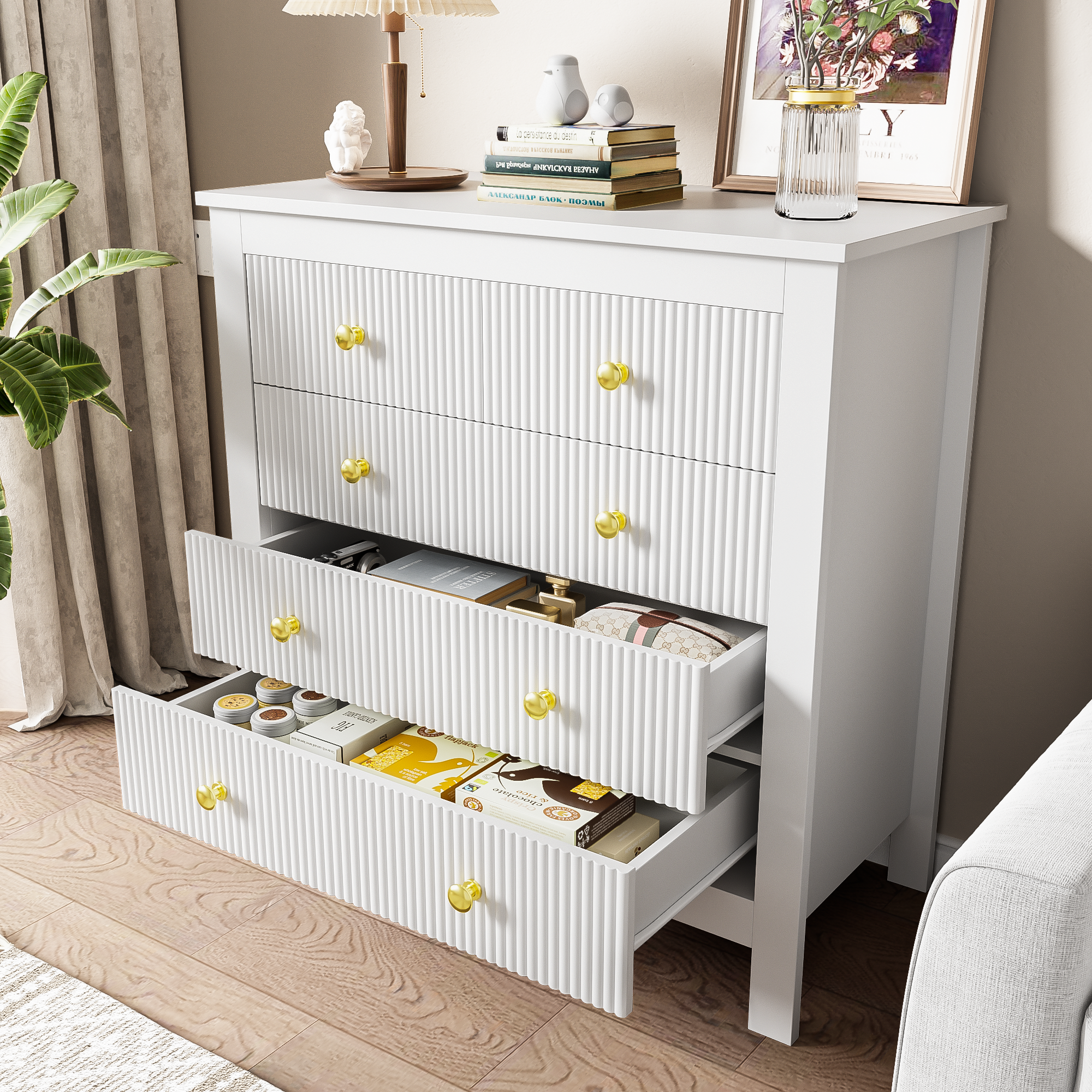 Sideboard, chest of drawers with special doors, gold handles