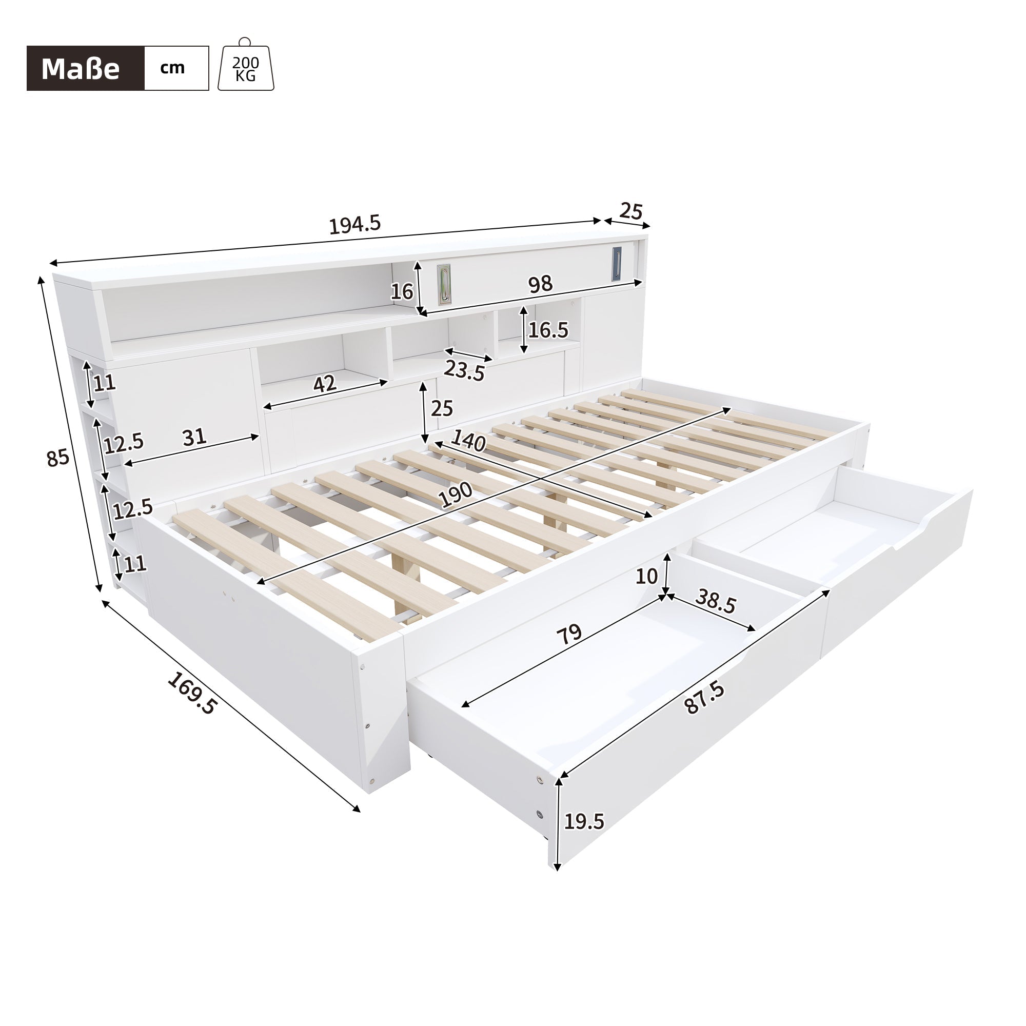 Lit de jour enfant 140x190cm Multifonctionnel Tiroirs Rangement Blanc