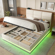 Modern Upholstered Bed 150x200cm, USB/LED, Hydraulic Storage, Beige Velvet