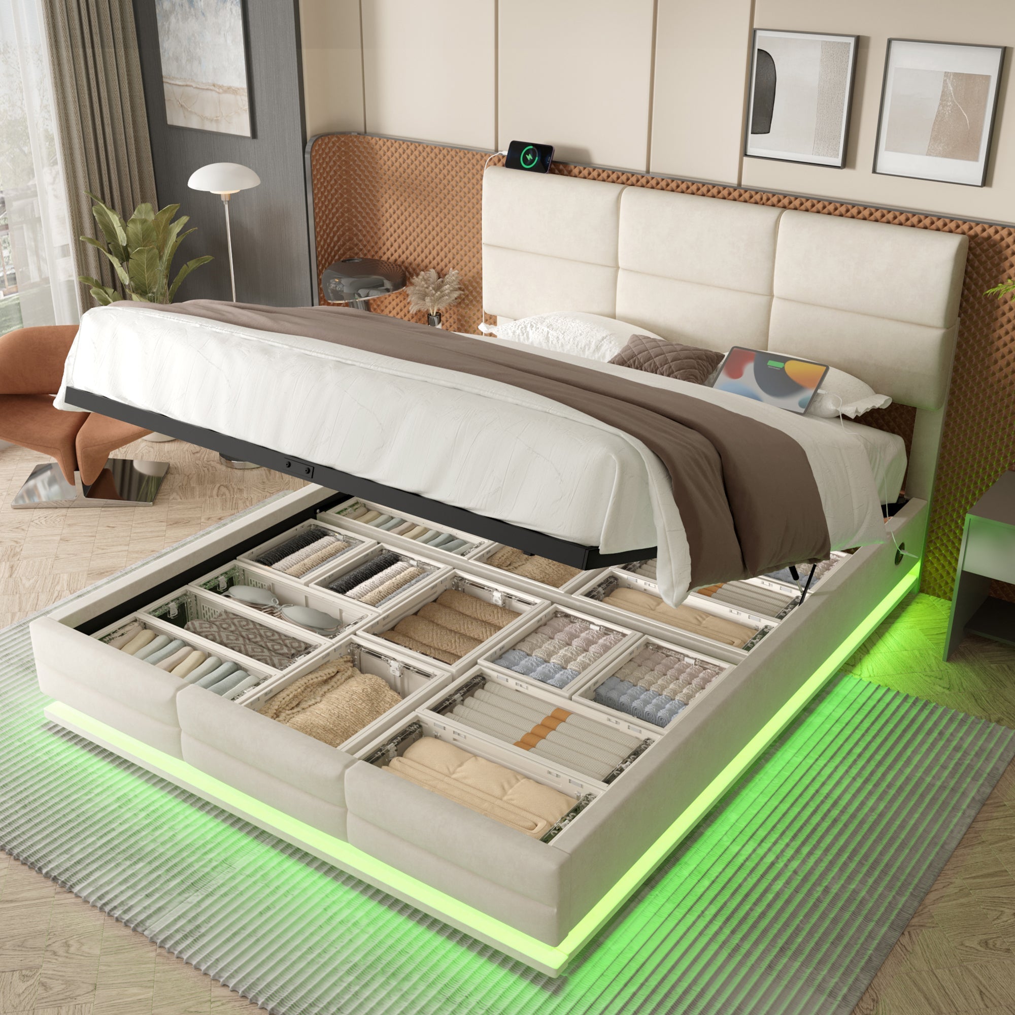 Modern Upholstered Bed 150x200cm, USB/LED, Hydraulic Storage, Beige Velvet