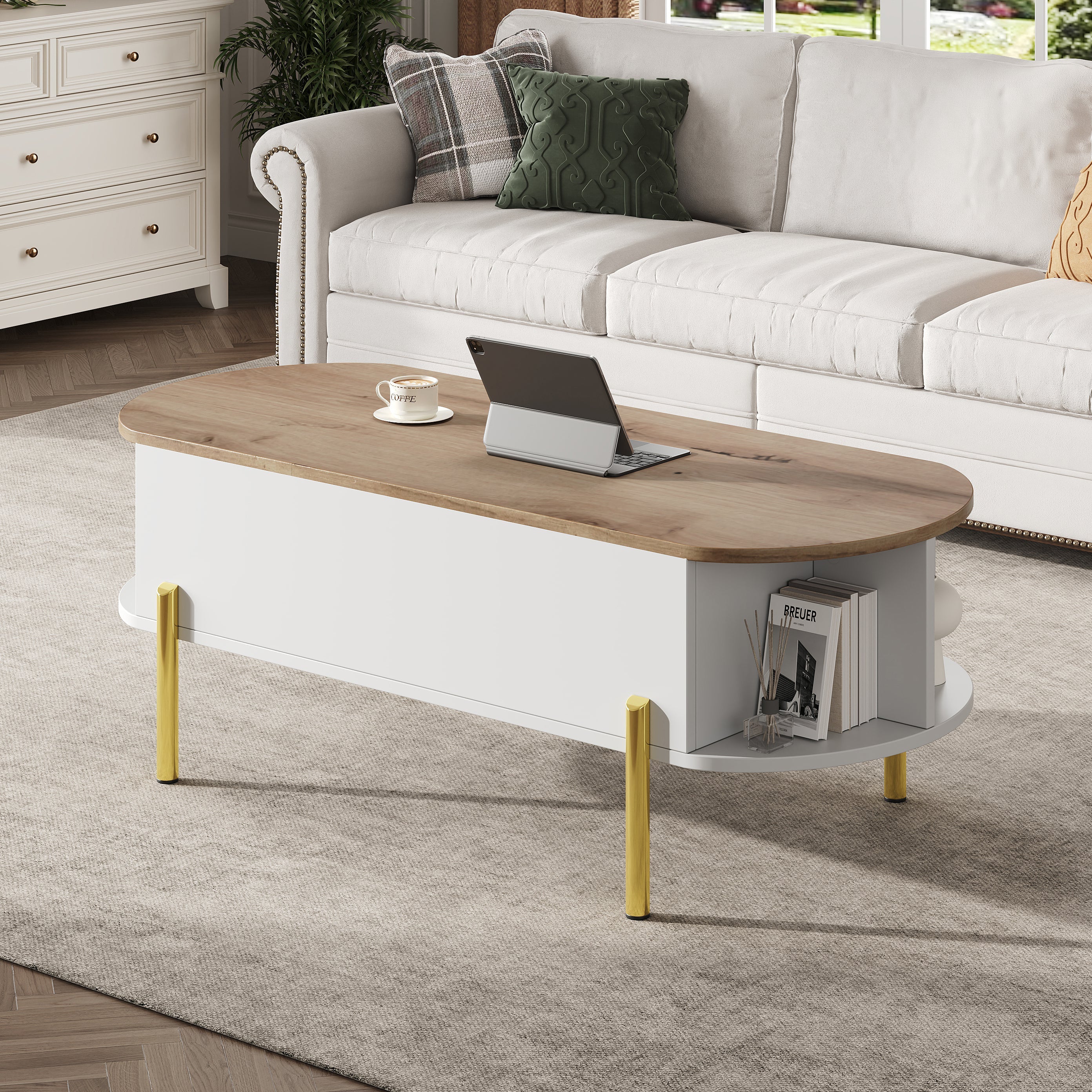 Coffee Table 120x50x43cm Height-Adjustable Hidden Storage 7 Shelves Wood/White