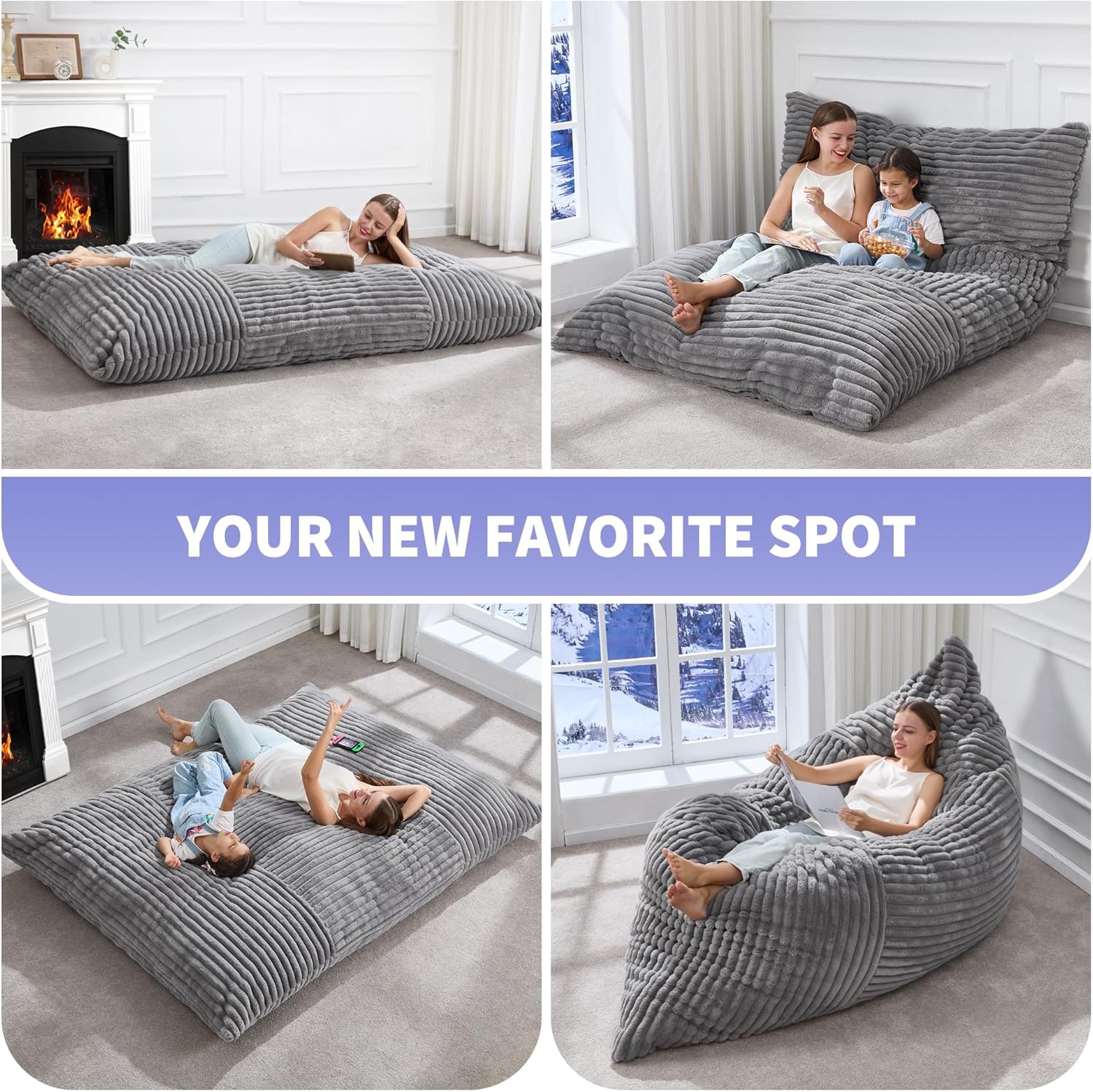 3-in-1 Convertible Bean Bag Chair Lounger with Memory Foam & Washable Cover, Light Gray Corduroy