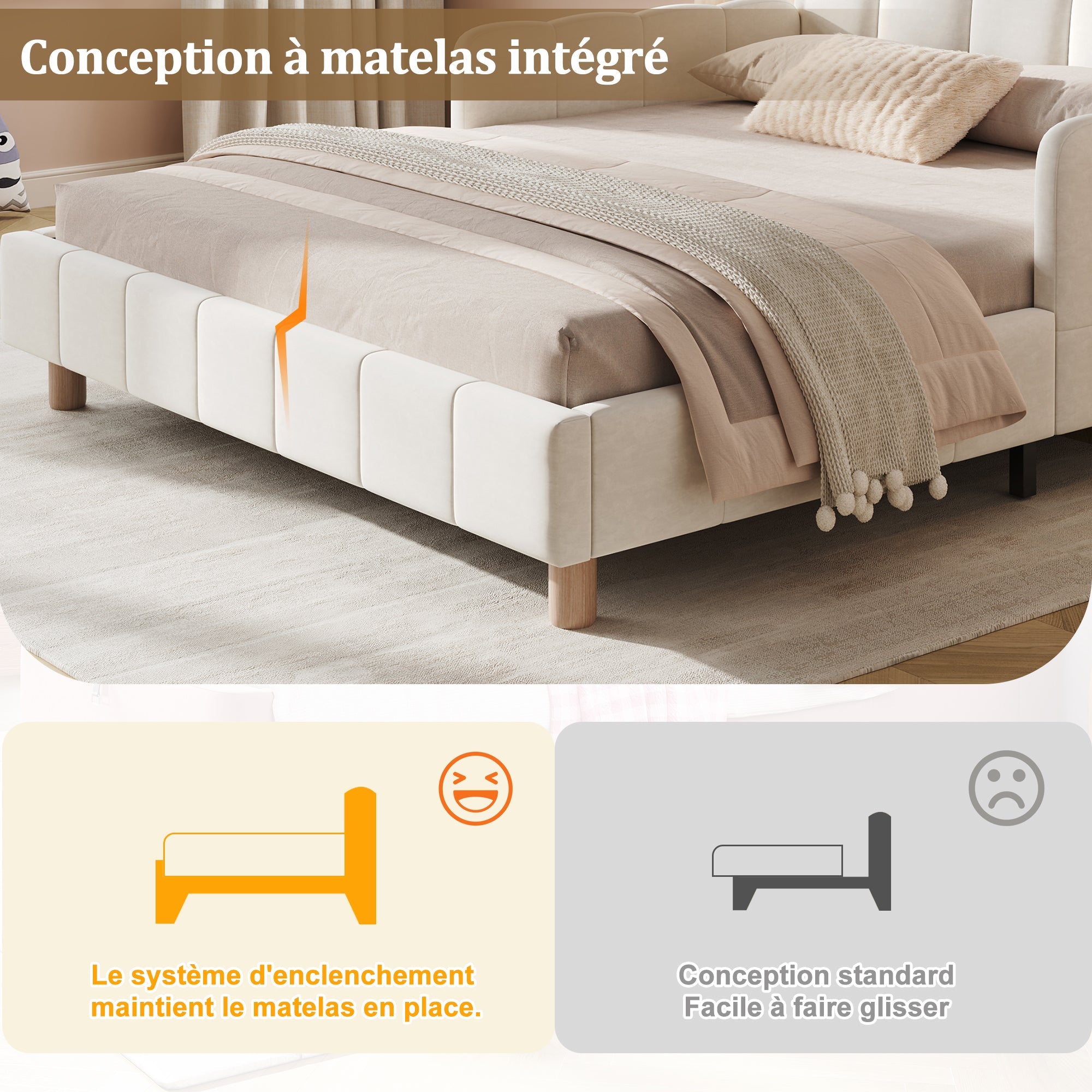 Upholstered Children's Bed with Tufted Headboard and Safety Rail, 140x190cm, Beige Velvet