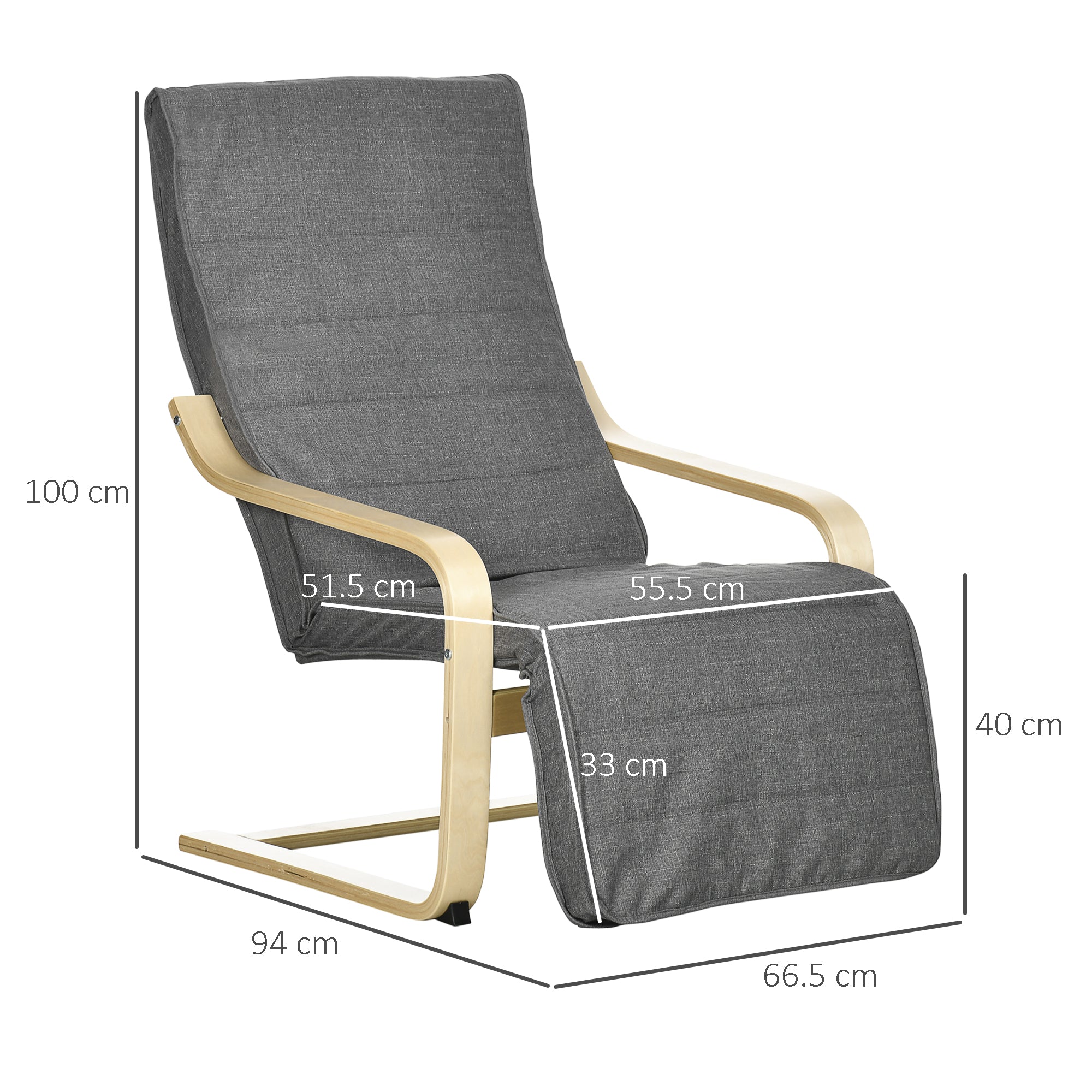 Wooden Lounging Chair Recliner with Adjustable Footrest & Removable Cushion, Dark Grey