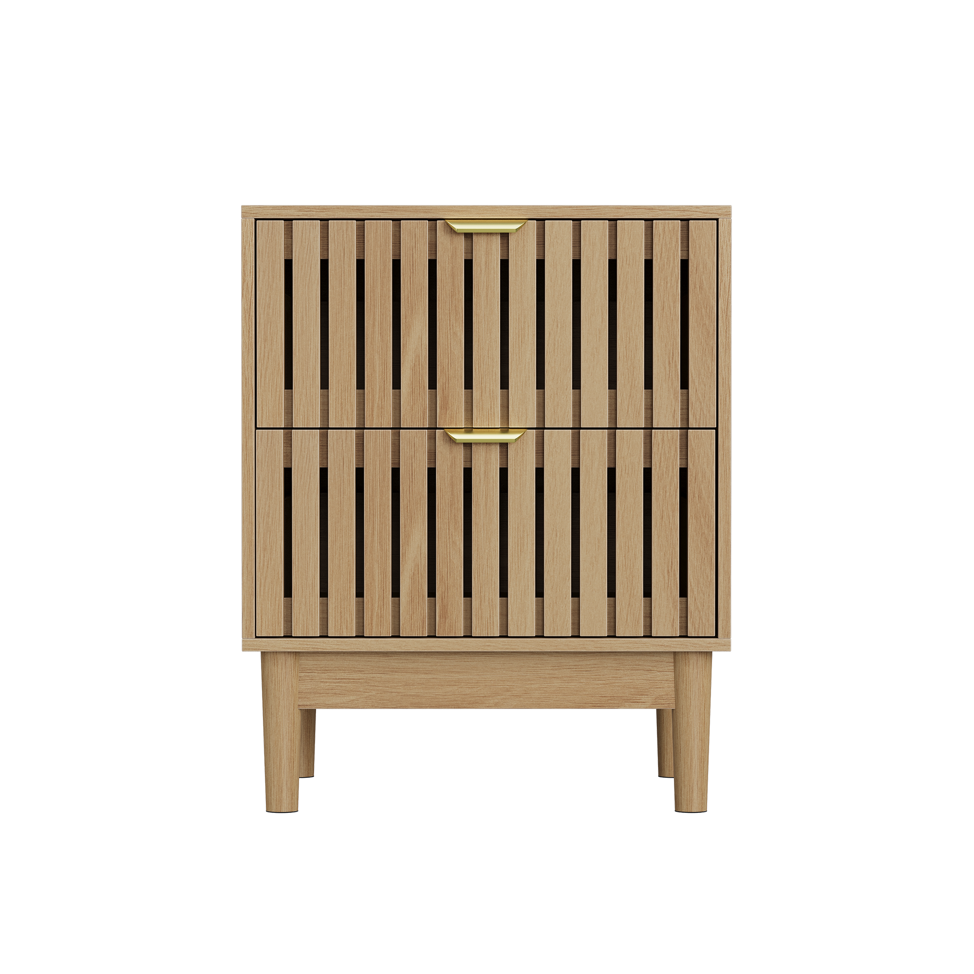 Mid-Century Modern Nightstand with 2 Drawers and Slatted Design, 45 x 39 x 56.5 cm, Oak-Colored Wood