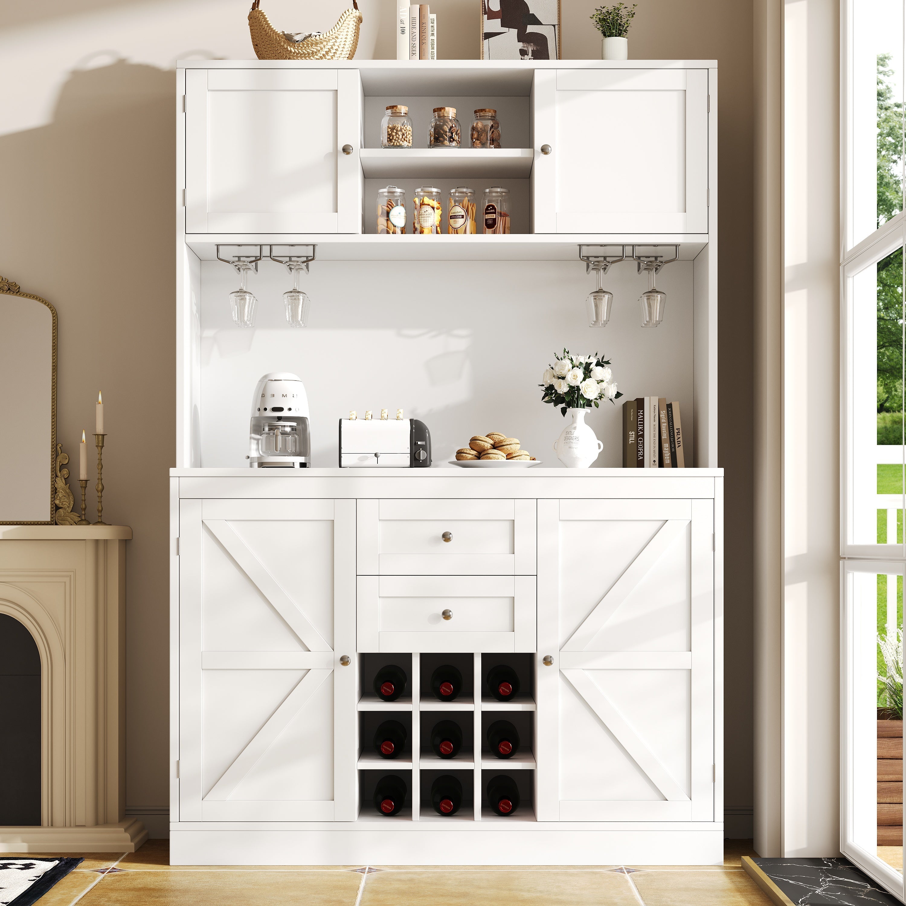 Tall Kitchen Cabinet Buffet with Adjustable Shelves Wine Rack 4 Doors 2 Drawers - White