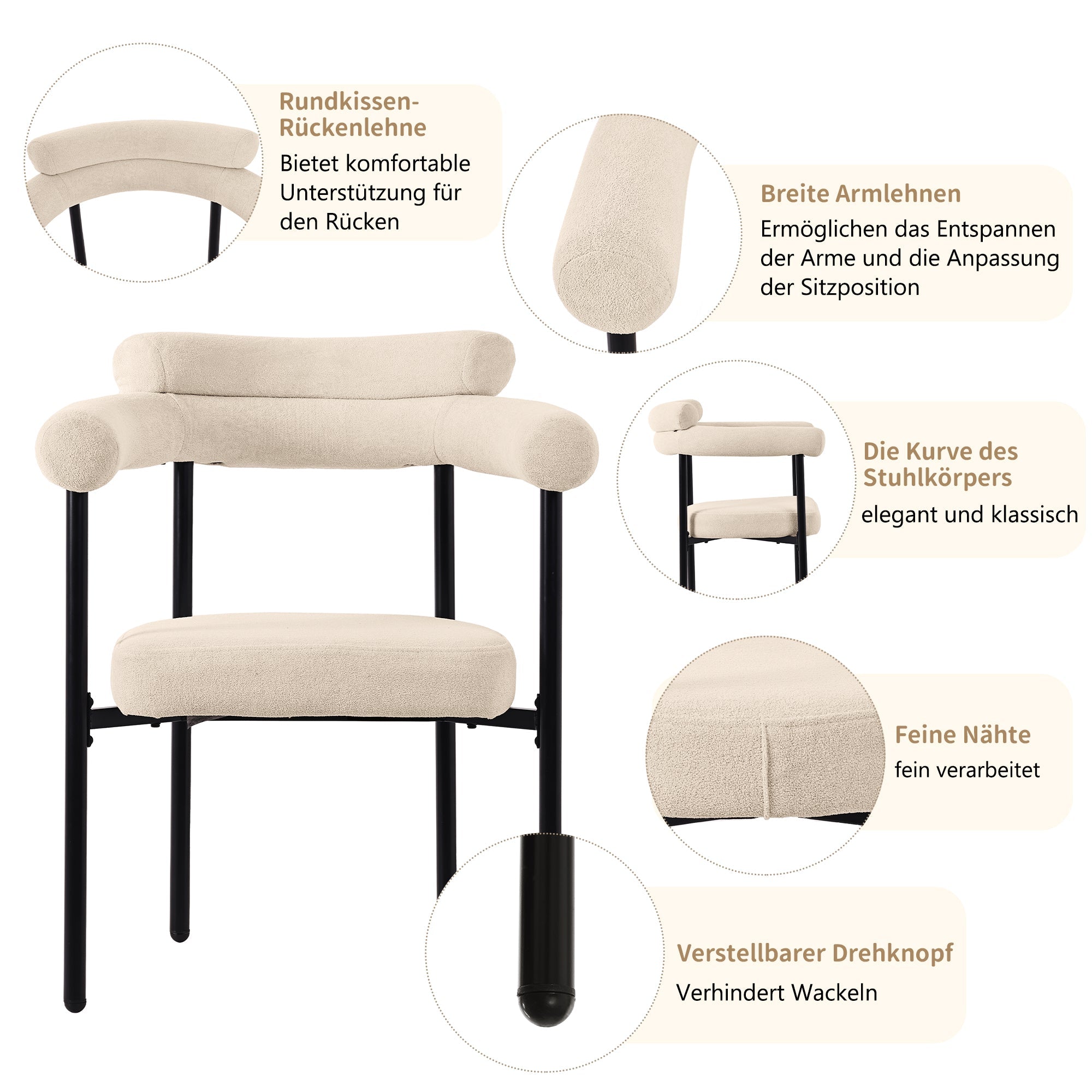 7-Piece Dining Table Set with 6 Hollow Armchairs Designer Metal Legs Cream Suede Fabric
