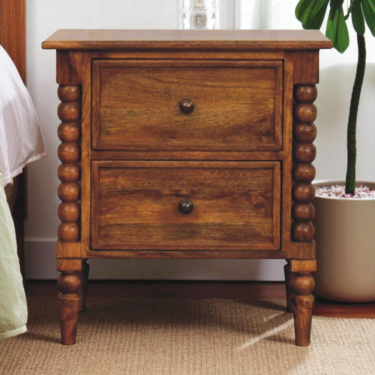 Solid Wood Nightstand, Spindle Leg 2 Drawers, Amber Oak/Brown
