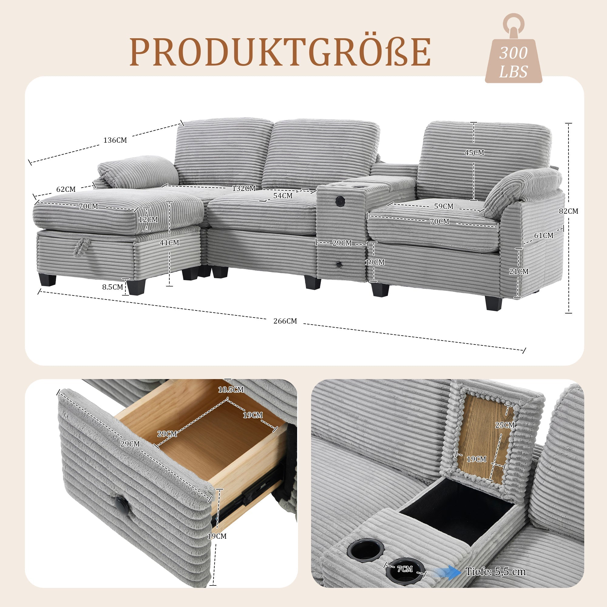Corduroy Sofa Large Comfort Foam Console USB-C Storage Drawer Ottoman
