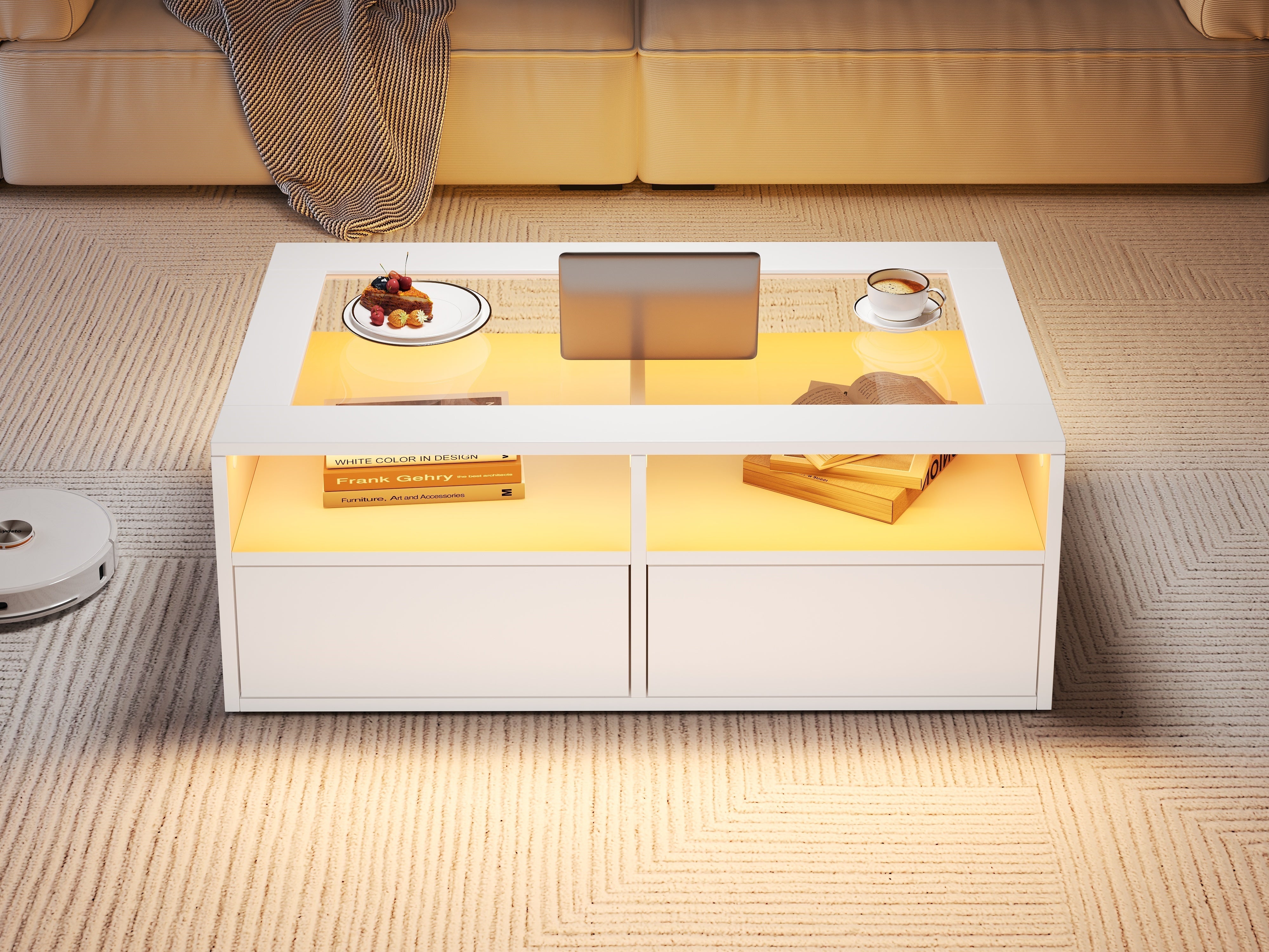 Coffee Table with LED Light and 2 Drawers, Glass and White