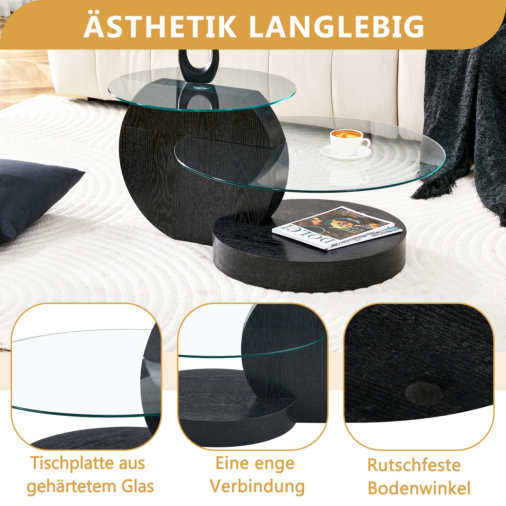 Modern Minimalist Coffee Table with Two-Layer Safety Glass and Multi-Tiered Design, Black Wood Grain Finish