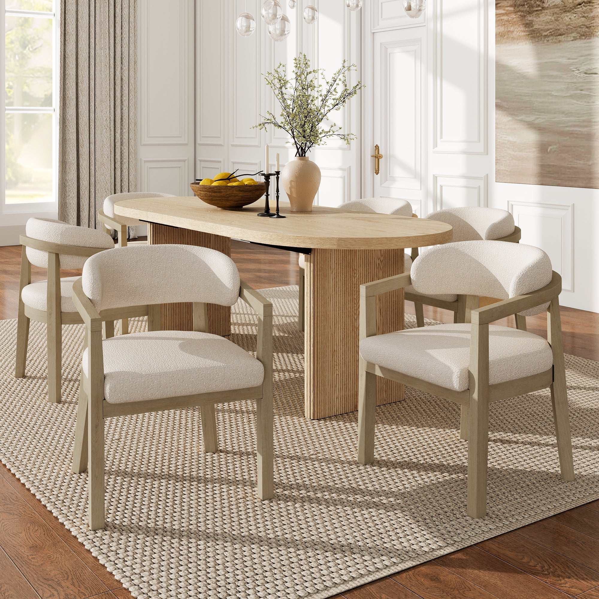 Solid Wood Dining Chairs Set of 6, Modern Style for Living Room and Cafe, Natural Bouclé
