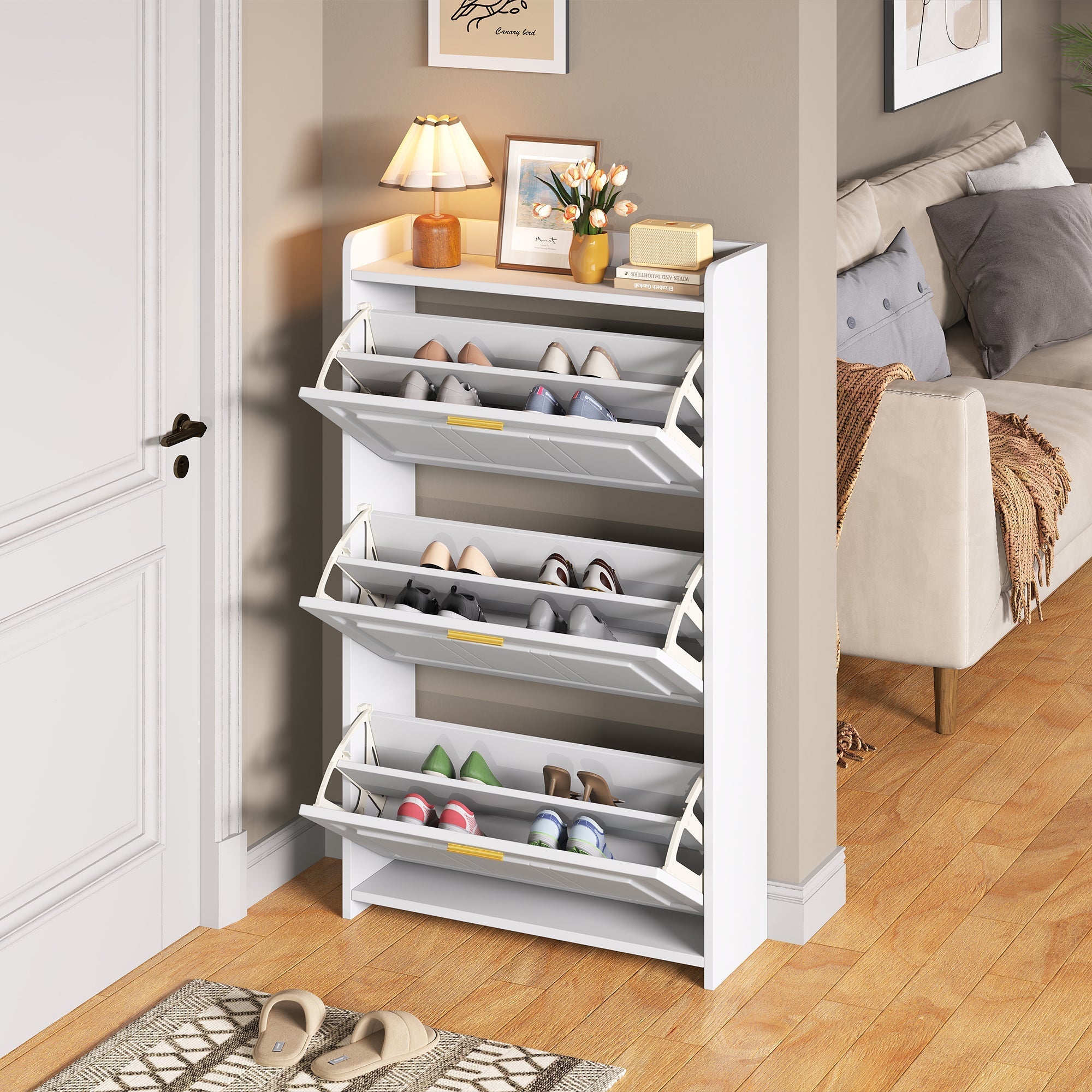 Shoe Cabinet 70x24x120cm with 6 Compartments - White MDF/Chipboard