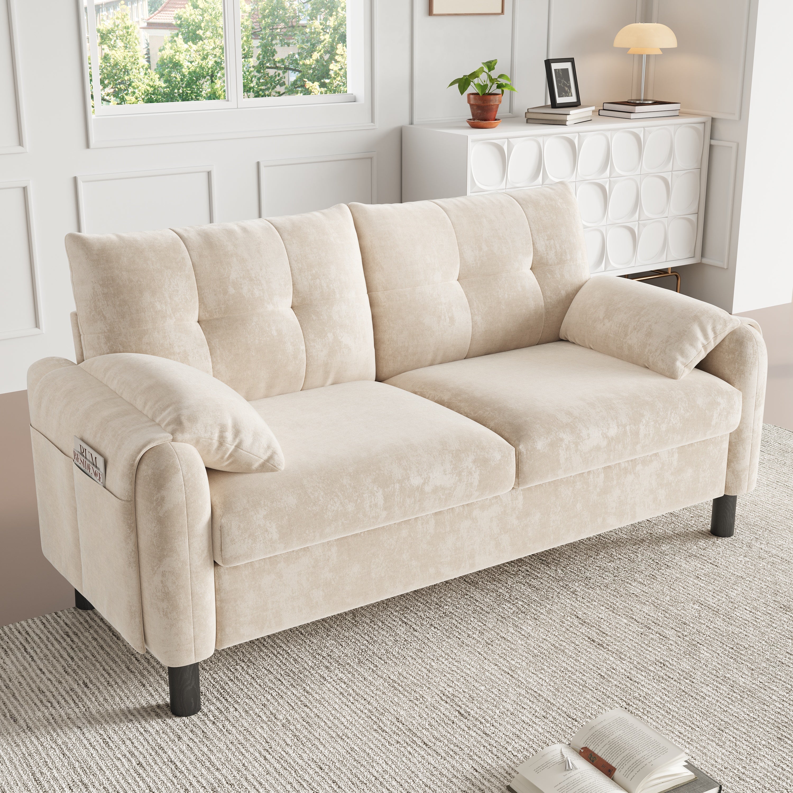 2-Seater Sofa, Comfortable Chenille Upholstered, Beige
